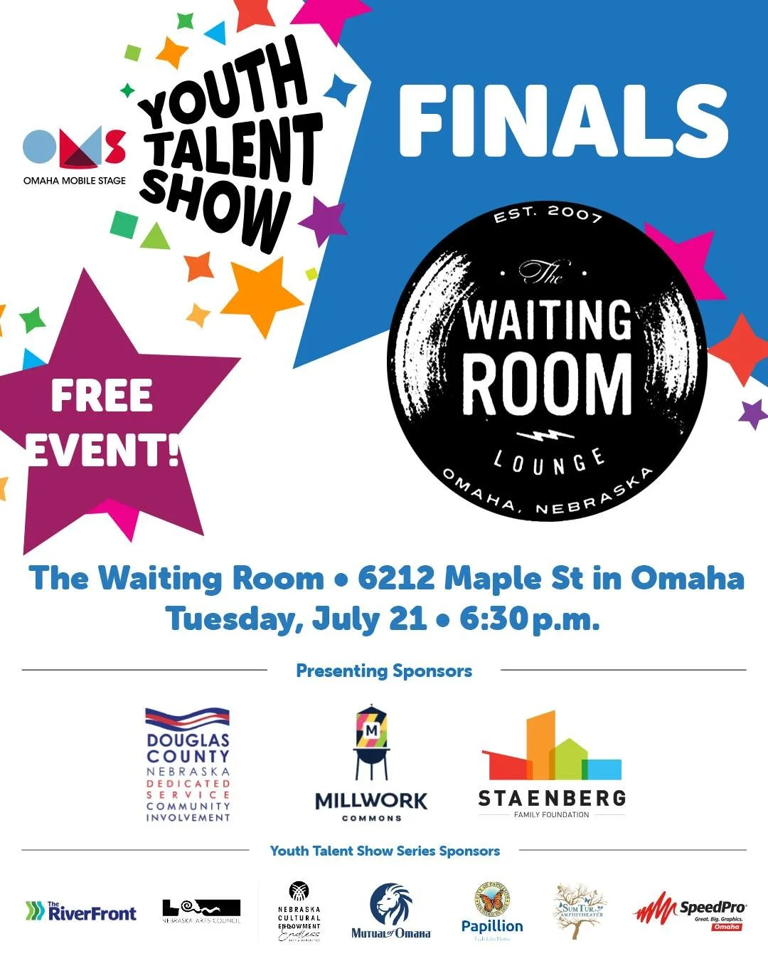Youth Talent Show Finals have been rescheduled for Tuesday, July 21, at 6:30 pm, at @waiting_room 

The Youth Talent Show Finals at The Waiting Room will feature more than 30 performing arts acts, representing the top talent from three prior youth ta