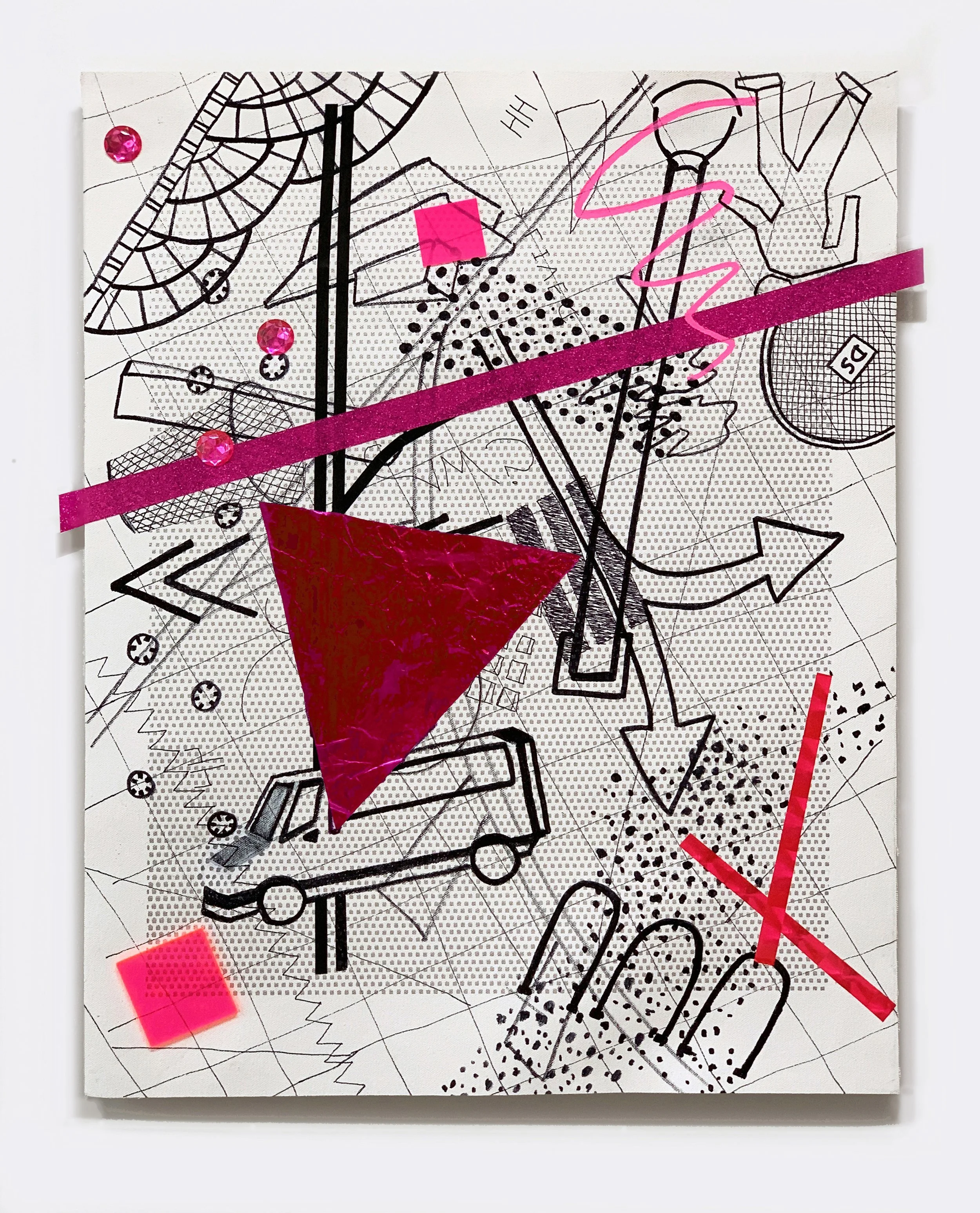 Wide Angle Lens
2022
Acrylic, marker, sequined ribbon, foil, acrylic sample square, sketchbook cover piece, silkscreen ink on unstretched canvas mounted on wooden bar at top back of canvas.
22 x 17 inches 