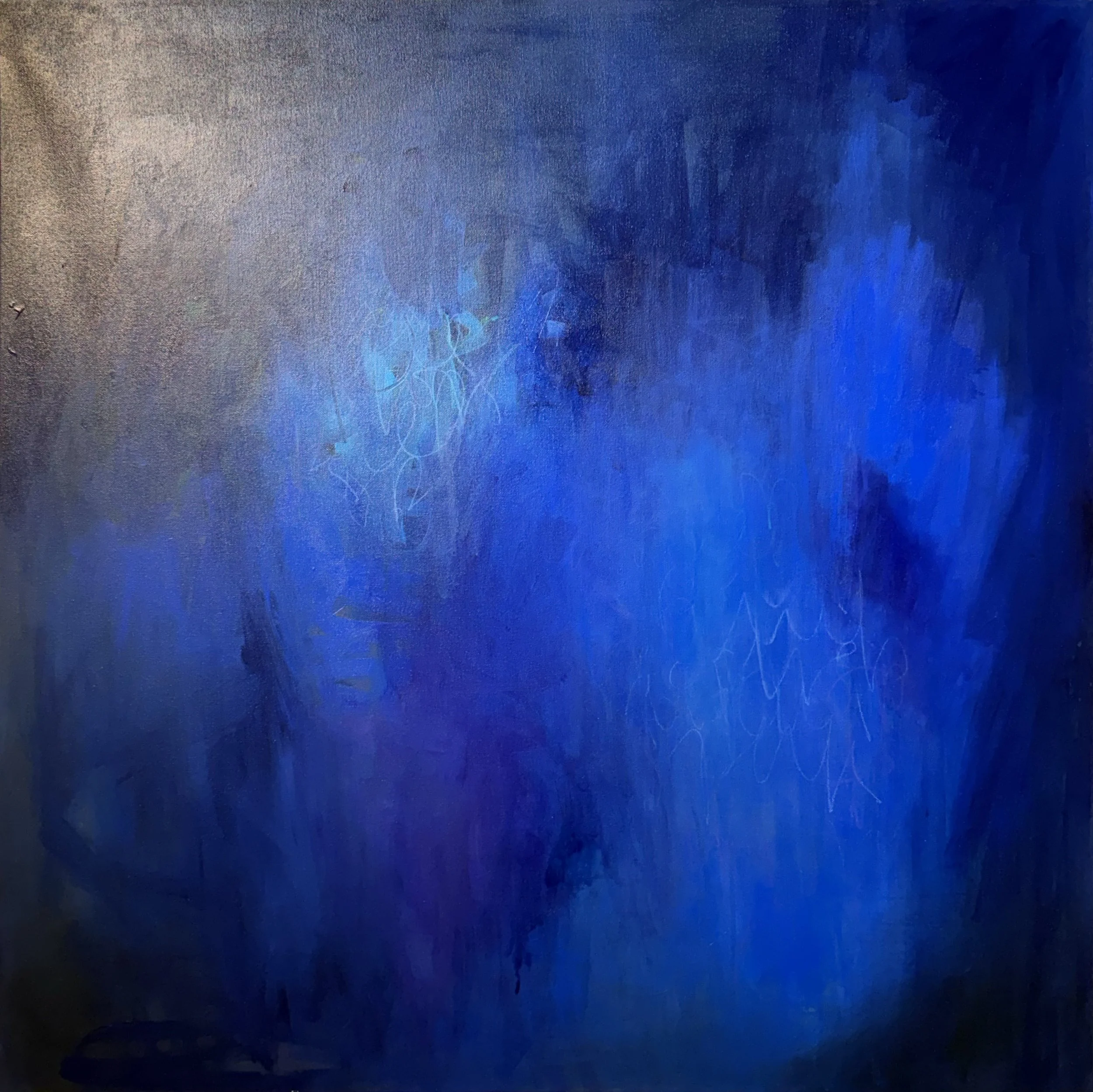 Cyn Bird - "Beyond the Auroras" (2025), acrylic and crayon on canvas, 36 x 36 inches.