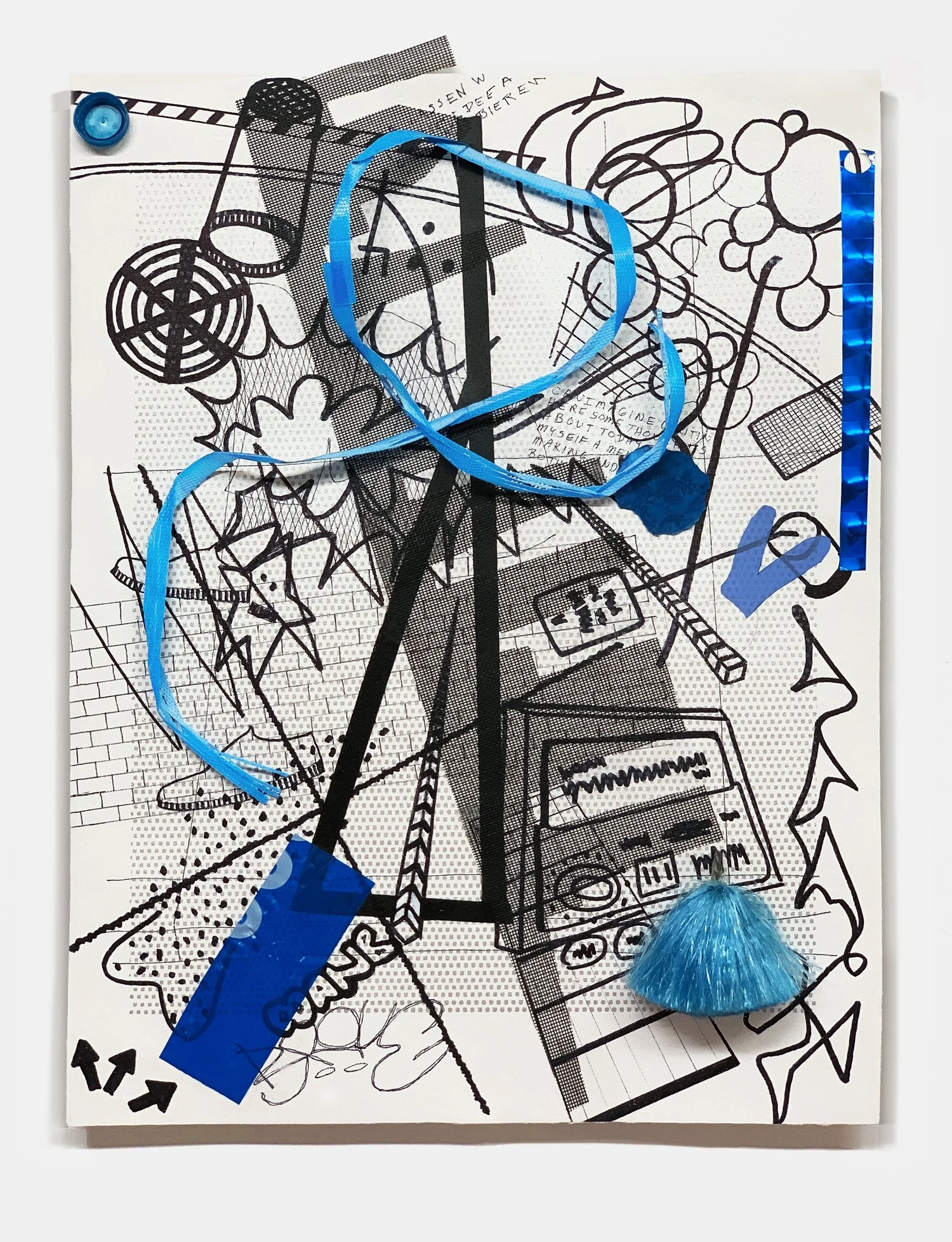 Blue Man Group
2022
Acrylic, marker, window screen, police caution tape, bottle cap, foil strips, found tassle, package strapping and silkscreen ink on unstretched canvas mounted on wooden bar at top back of canvas
22 ¼ x 17 inches