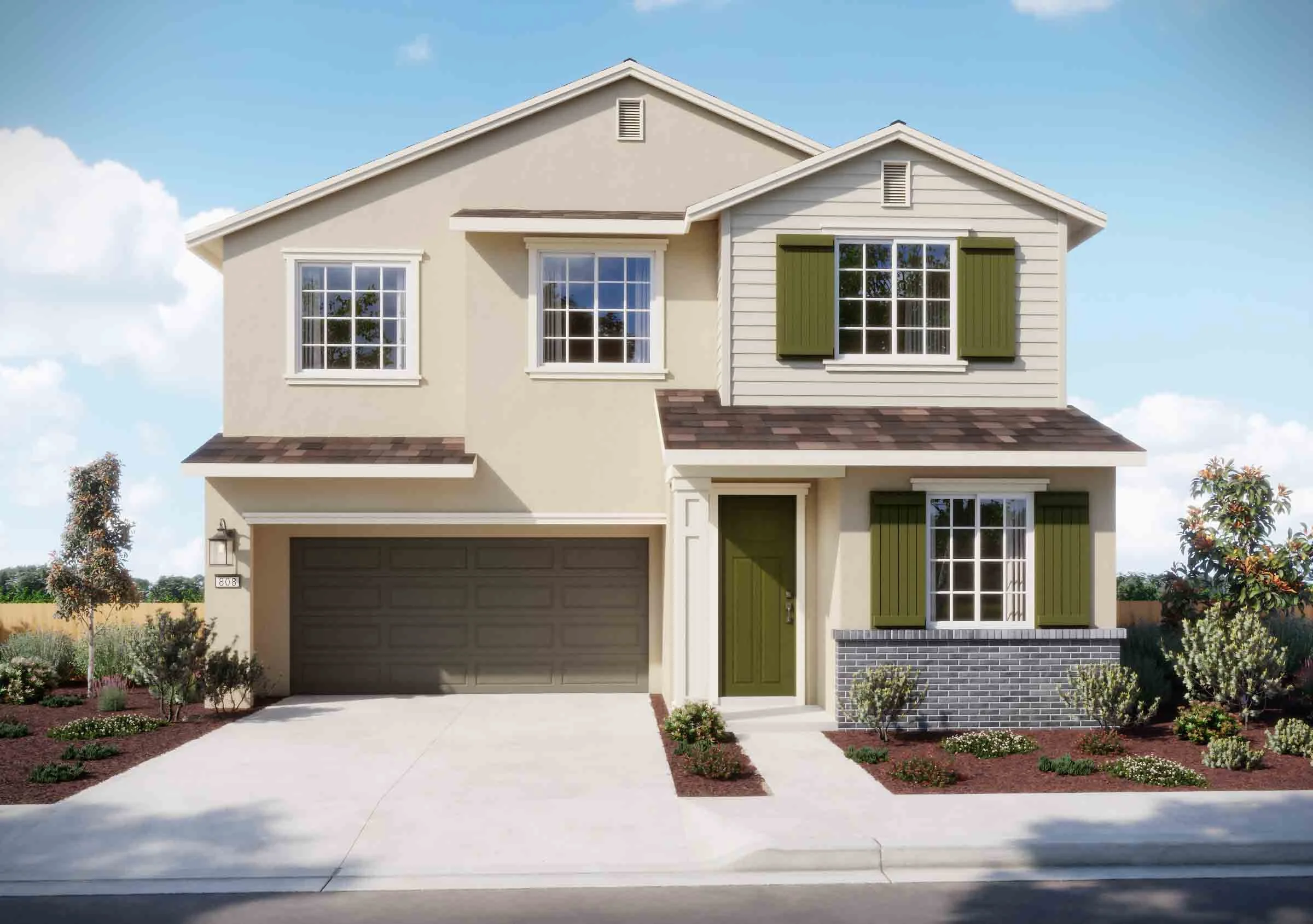 Front view of a modern two-story house with a beige exterior, white trim, green shutters, a brown garage door, and a landscaped front yard with small bushes and trees.