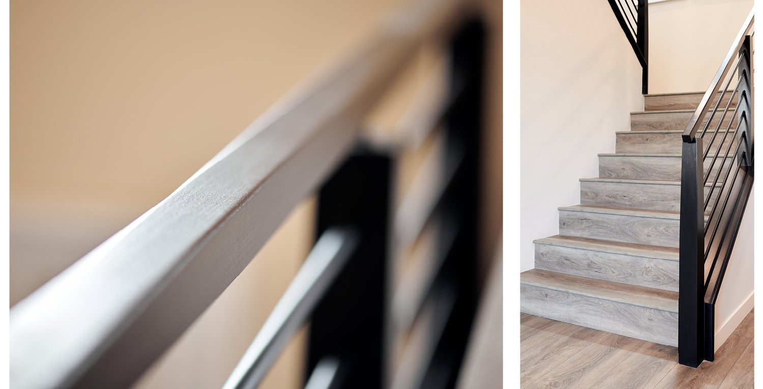 Attention to detail in stair rail and hardwood floors on stairs. This is in our Residence Six at Marcona in Keyes, California.