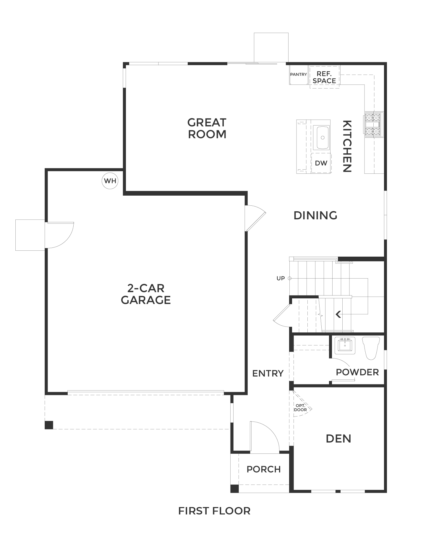 First floor plan of a house showing a porch, den, entry, powder room, staircase, kitchen with island, dining area, great room, pantry, refrigerator space, and a two-car garage with water heater.