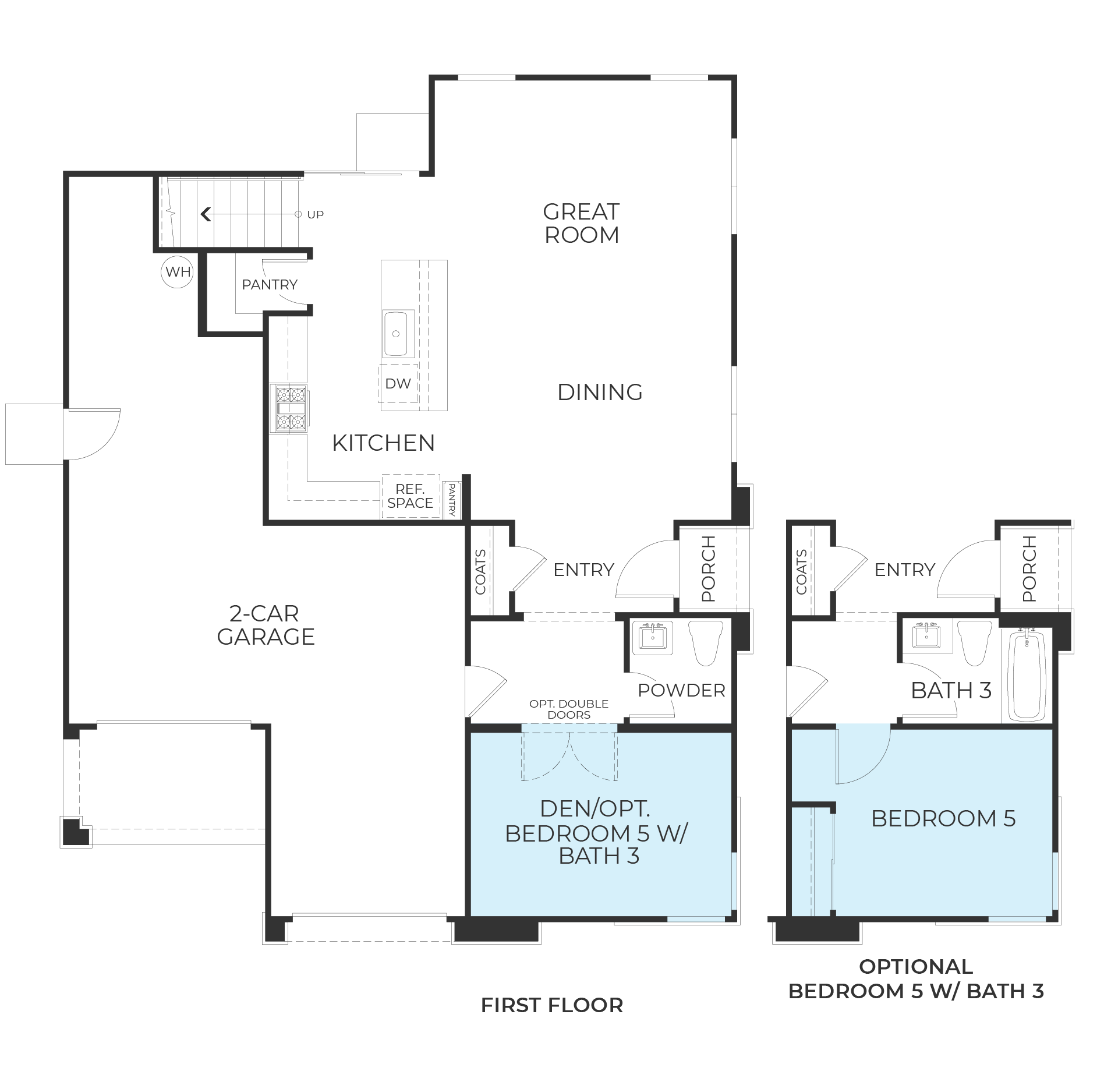 Floor plan of a house showing areas such as entry, great room, kitchen, dining, pantry, laundry, and bedrooms with bathrooms, including a two-car garage, porch, and optional rooms.