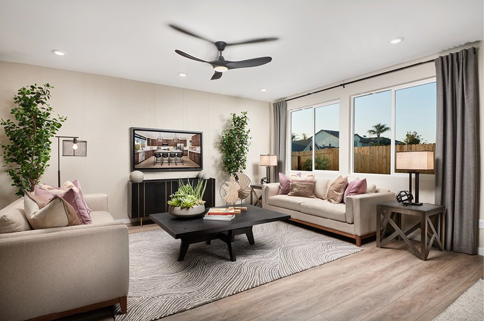 Marcona Residence Six living room with custom wall treatment in Keyes, California