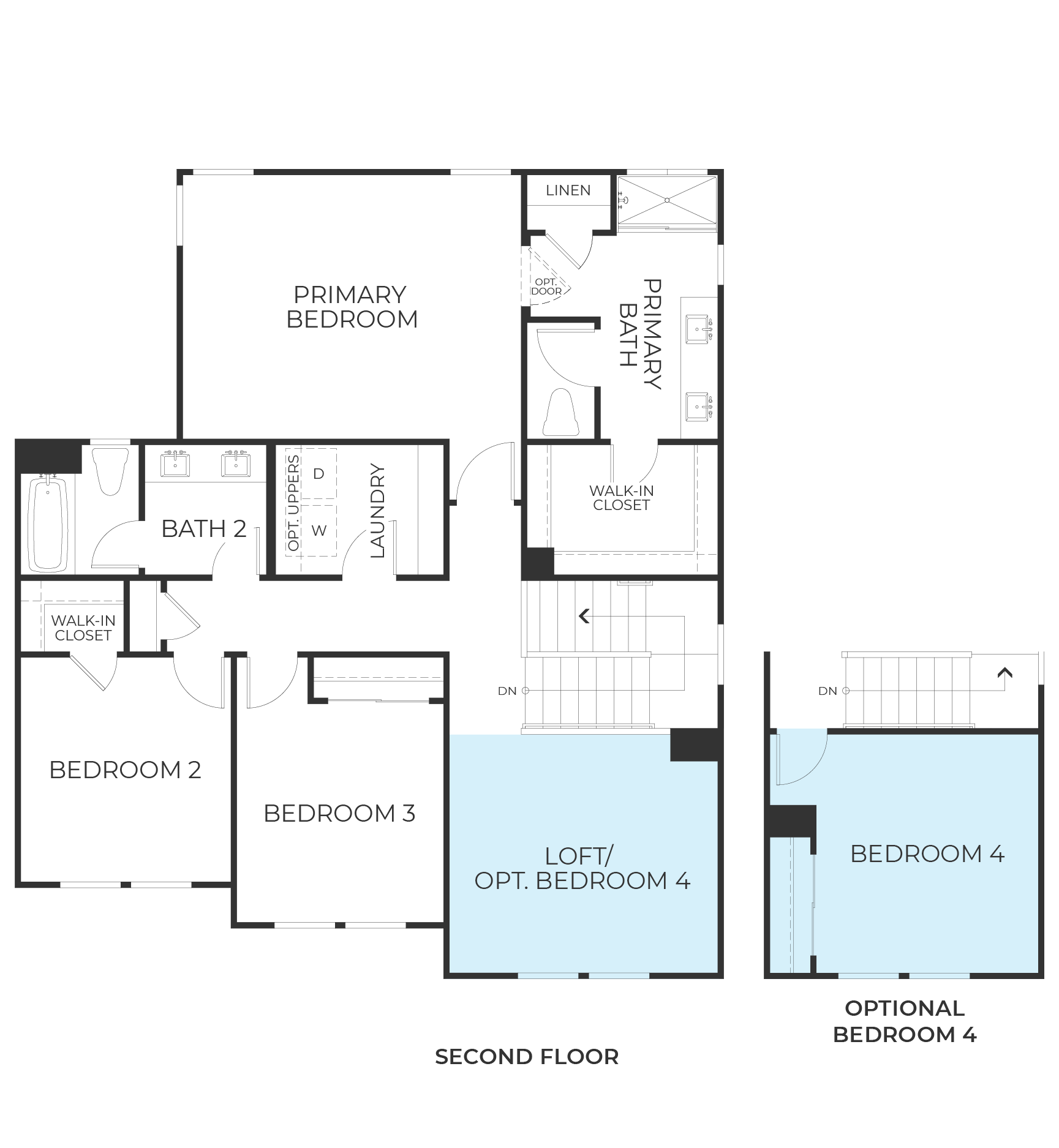 Floor plan of the second floor showing bedrooms, bathrooms, laundry room, loft, optional bedroom, and storage areas.