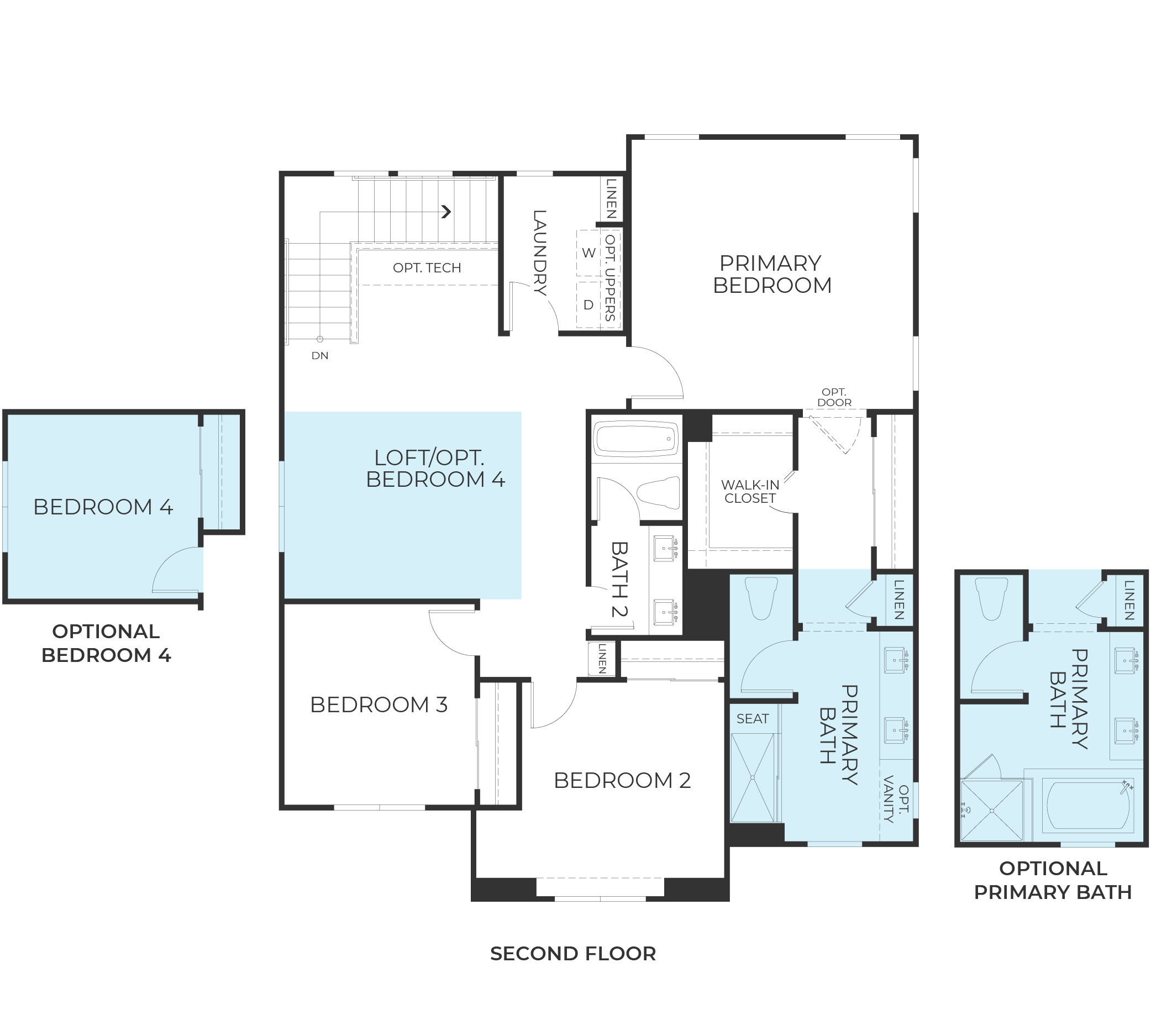 Floor plan of a second floor house layout with bedrooms, bathrooms, laundry room, linen closets, and optional spaces such as a primary bathroom and primary vanity.