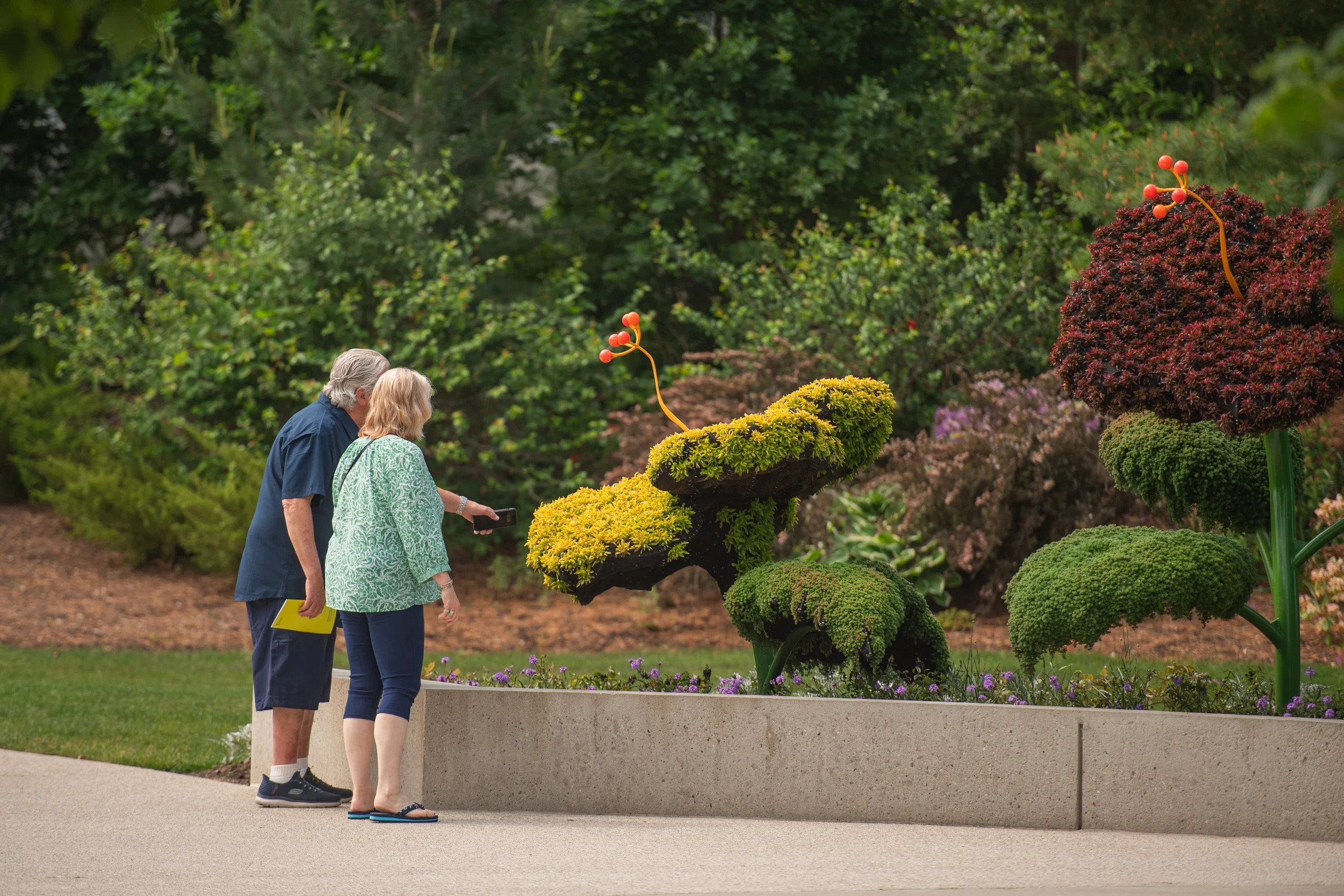 Two elderly people looking at colorful topiary sculptures in a garden.