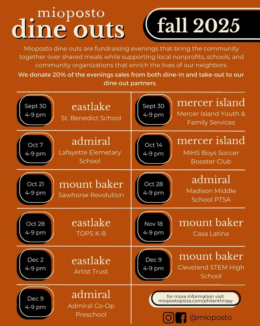 Our fall dine out series has arrived! Mark your calendars and cozy up with good food and great company while supporting local organizations. We donate 20% of all dine in and take out sales (excluding 3rd party delivery) to our dine out partners, so e