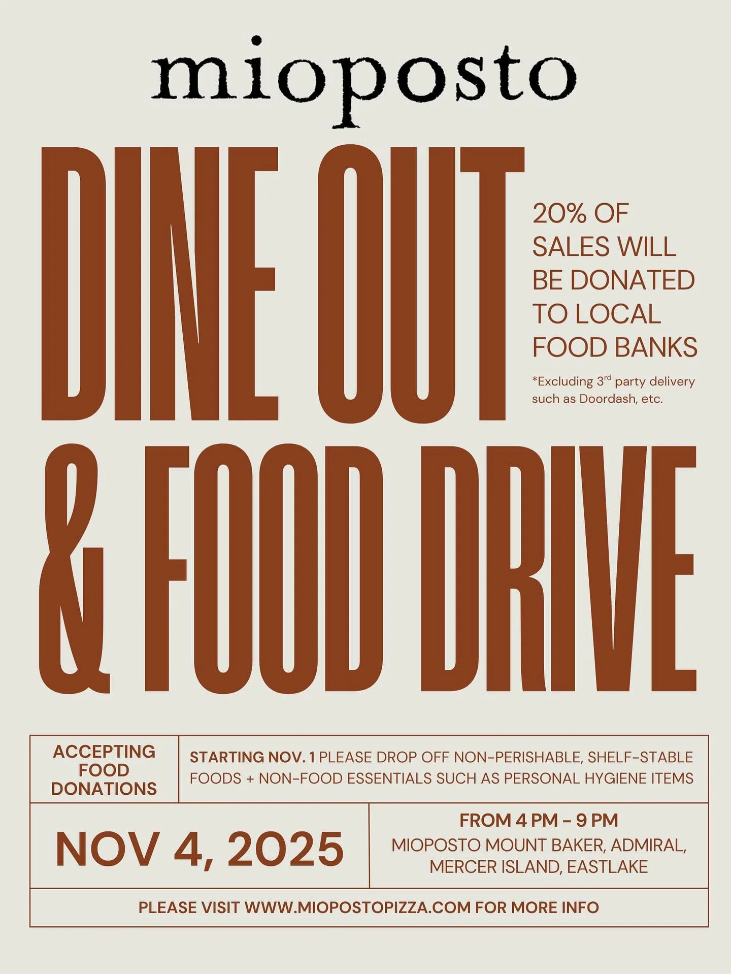 On Tuesday, November 4th from 4pm-9pm, all Mioposto locations will come together to raise funds for families in need. We&rsquo;ll be donating 20% of all in-house and takeout sales (excluding DoorDash and other delivery services) to local food banks.
