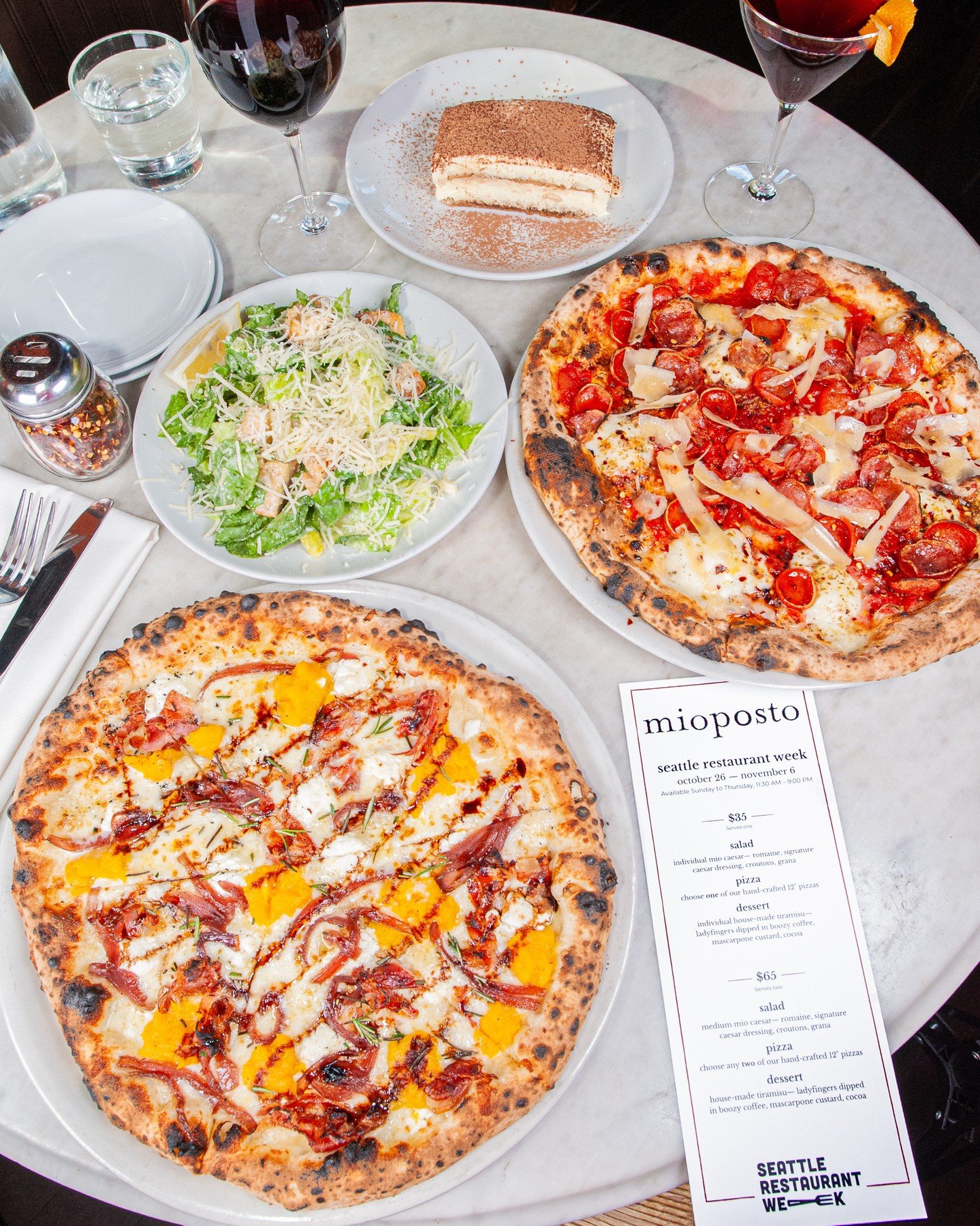 Only a few days left to enjoy our @seattlerestaurantweek menu offerings, available through Thursday, November 6!⁠
⁠
Choose from two special menus, $35 for one or $65 for two, each including our Caesar, tiramisu, and your choice of pizza. Available at