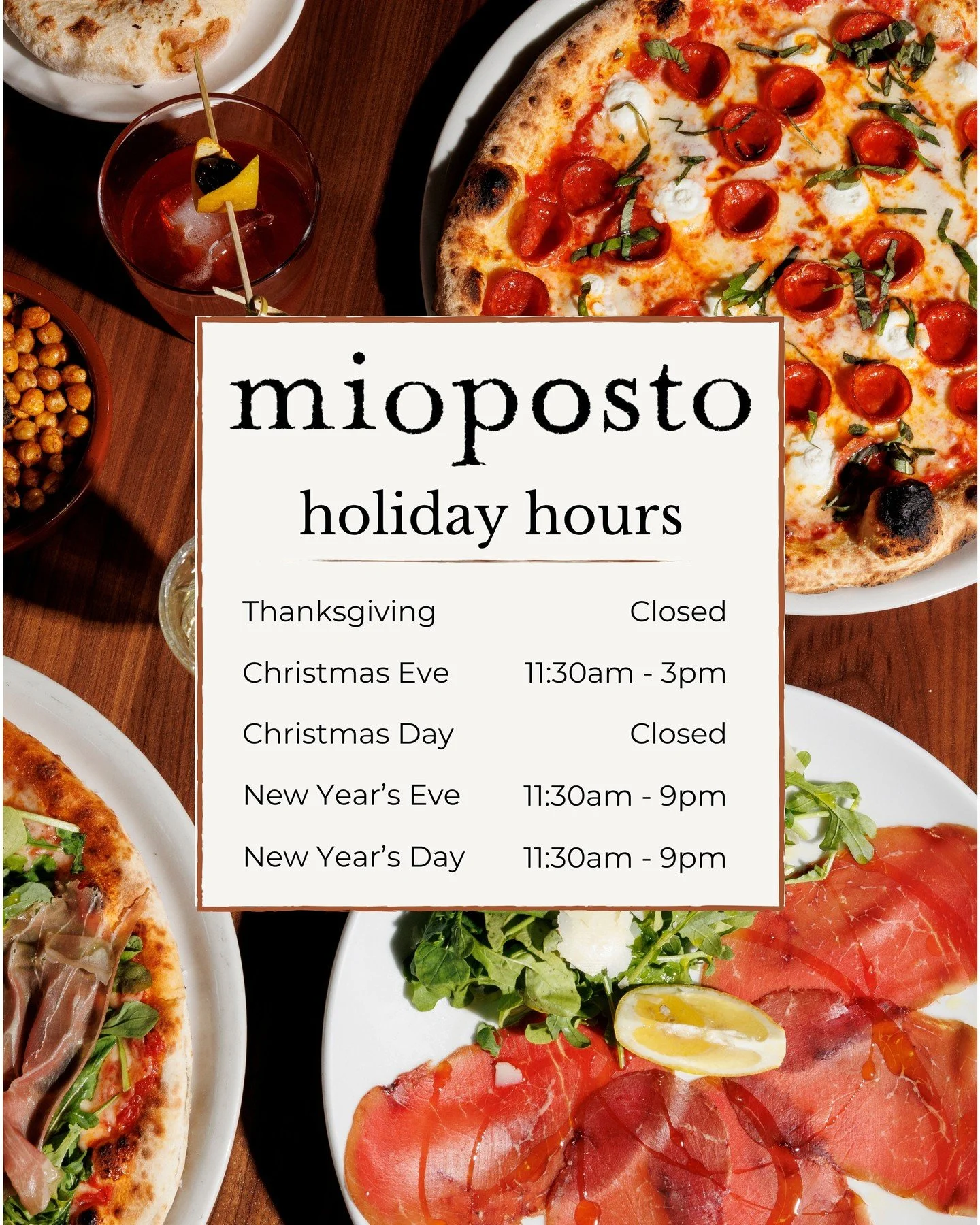 Holidays are rolling in! Swing by with friends and fam and celebrate the season over some pizza and drinkies 🍷🍕✨️⁠
⁠
Be sure to peek at our holiday hours so you aren&rsquo;t left out in the cold!