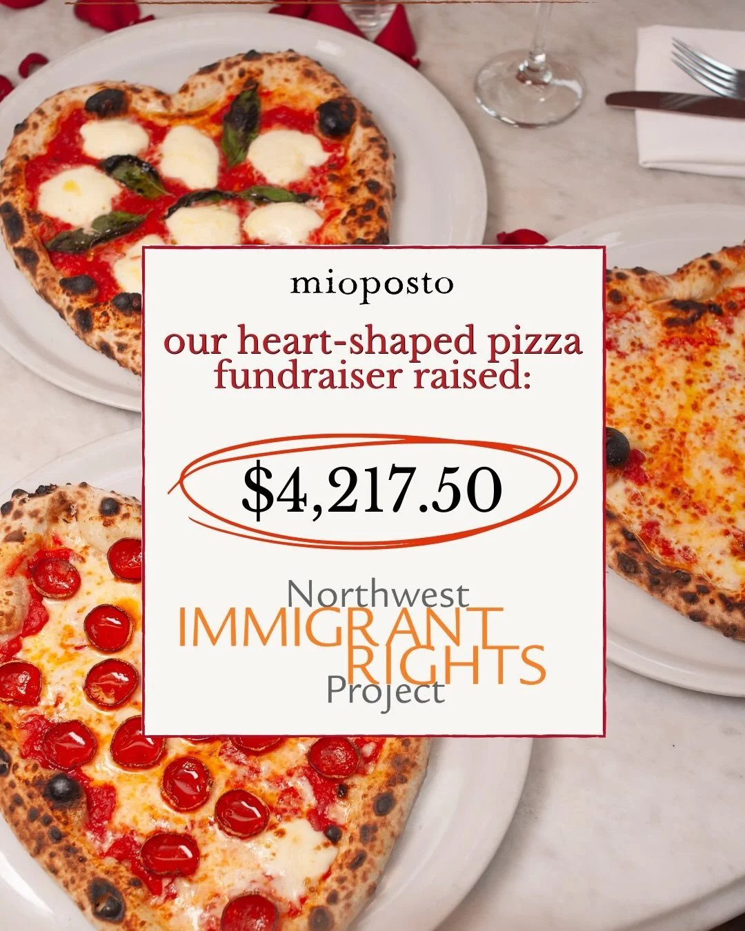 Because of you, we raised $4,217.50 for Northwest Immigrants Rights Project (@n.w.i.r.p) through our heart-shaped pizza fundraiser! &hearts;️🍕

We&rsquo;re so proud to be part of a community that truly shows up. Thank you for making this happen!

Wa
