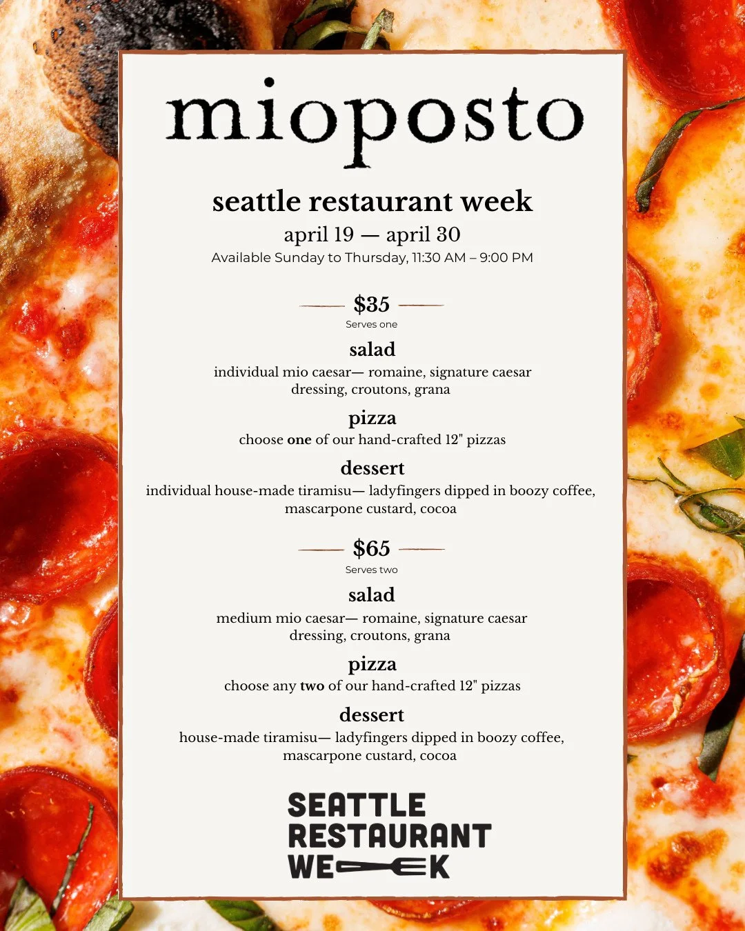 Join us for @seattlerestaurantweek, April 19 through April 30!⁠
⁠
Starting Sunday, we&rsquo;re offering two special menus: $35 for a single guest and $65 for two, each featuring our signature Caesar and tiramisu and your choice of pizza.⁠
⁠
Available