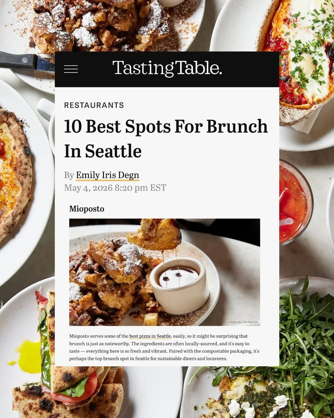 Thank you @tastingtable for the shoutout! It&rsquo;s true, we really love brunch. So much that we serve it every day: weekdays from 11:30am&ndash;3pm and weekends from 10am&ndash;3pm. Plus, our $21 pizza + salad lunch special is available during brun