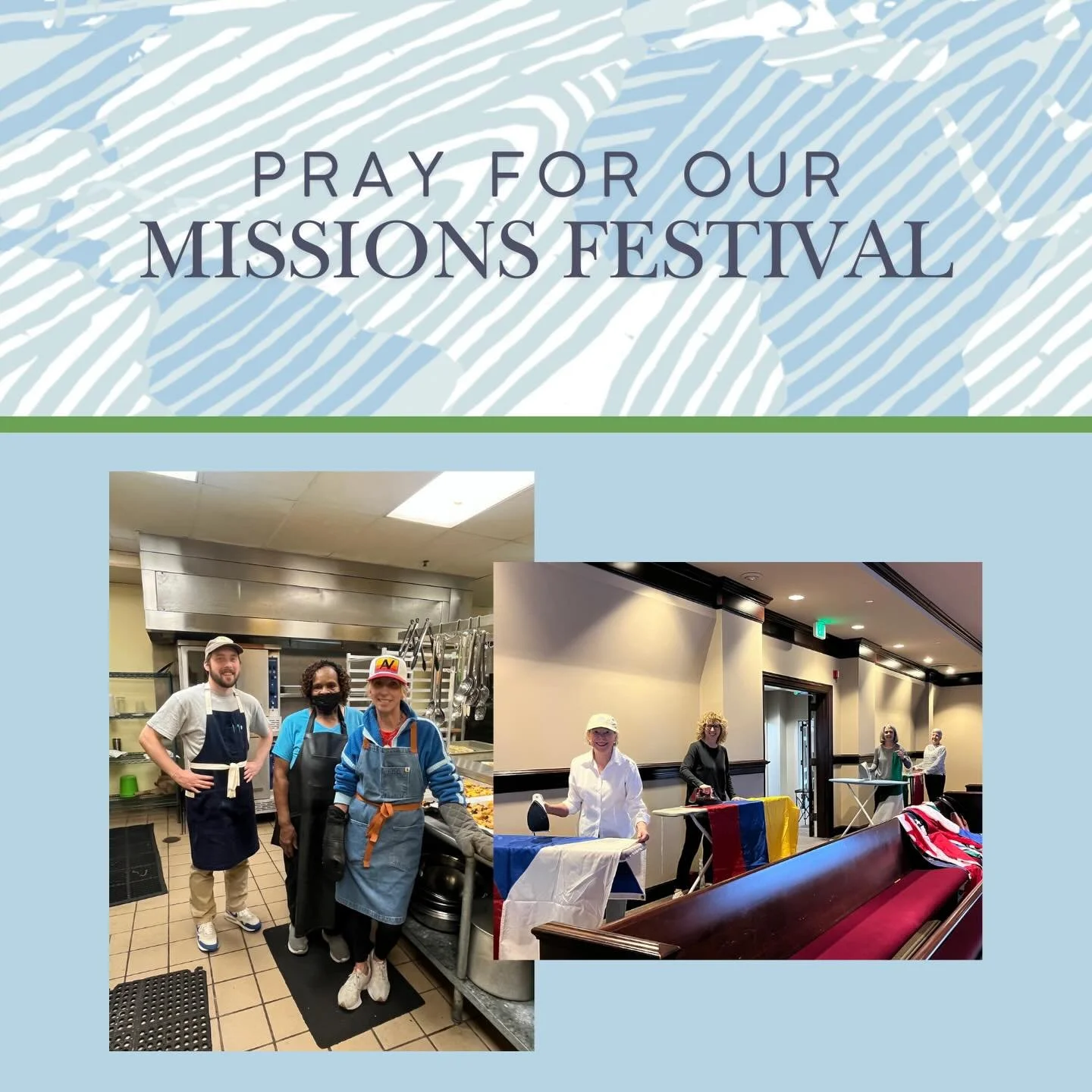 Contribute to the needs of the saints seek to show hospitality. (Romans 12:13)
Pray for our missionary guests to feel welcomed and cared for and that they would leave encouraged and refreshed. And pray for all who serve during the missions festival!