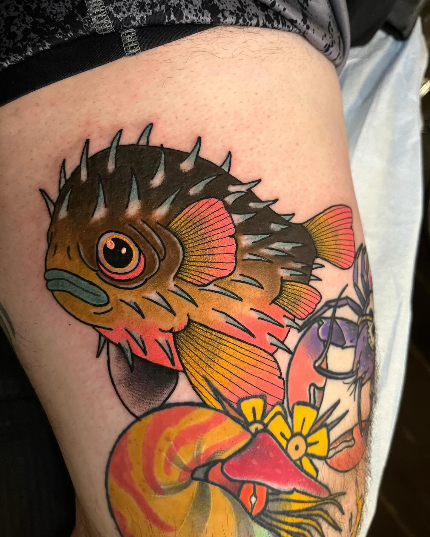 Added another fun one to this underwater leg sleeve 🐡
.
.
.
#traditional #traditionaltattoo #pufferfish #brightandbold #tattoo