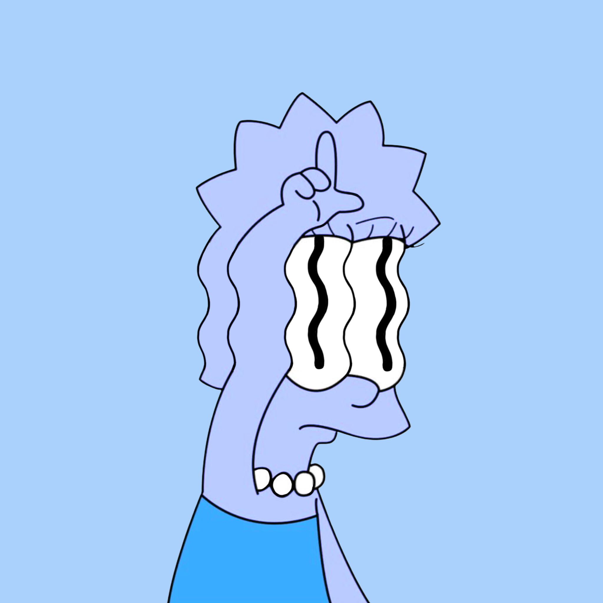Cartoon character with tears streaming from eyes, holding up one finger to forehead, wearing a necklace and a blue top, against a light blue background.