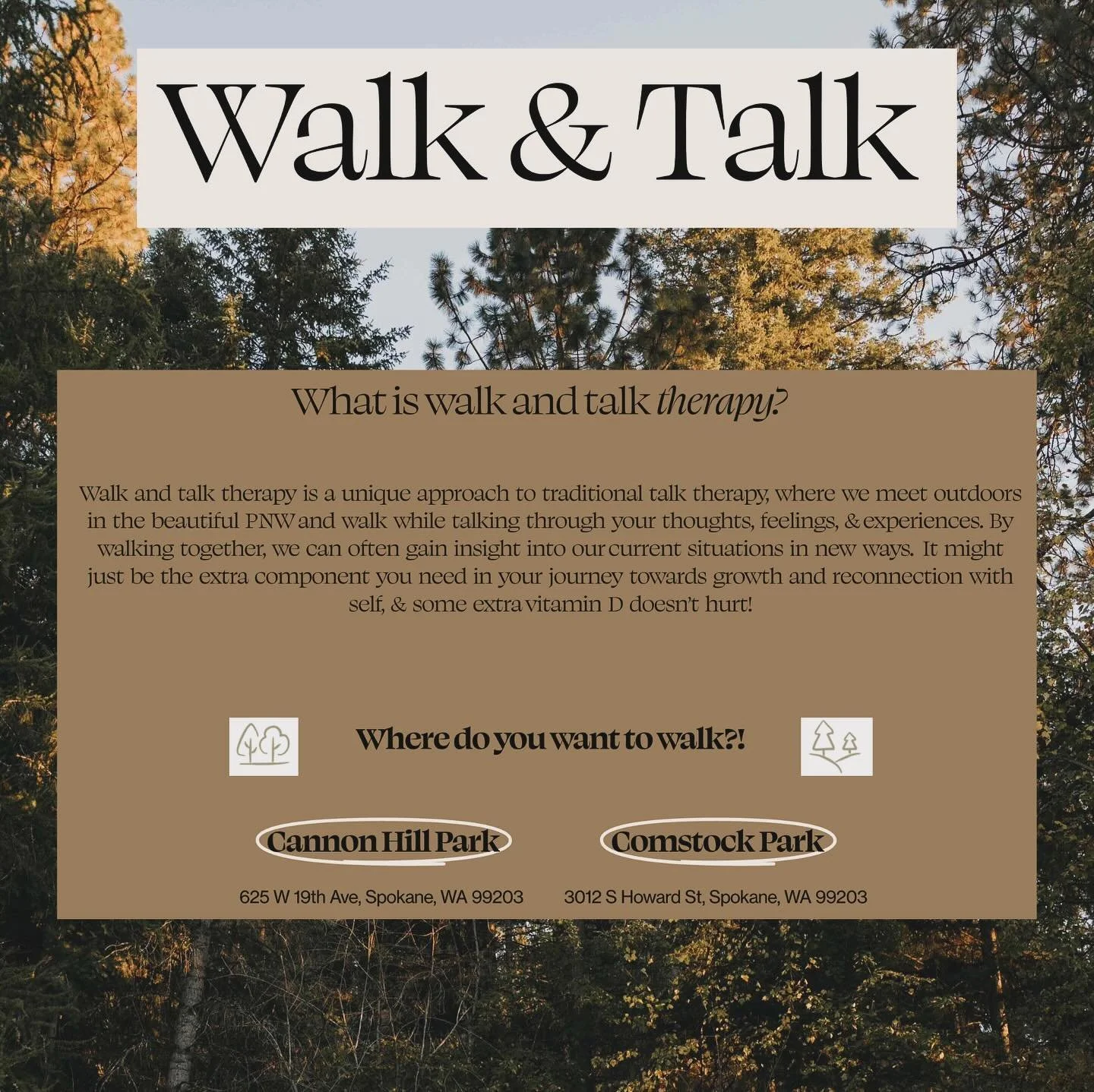 WALK &amp;  TALK 👣🖤

I am so excited to now start offering walk and talk sessions at a few of my favorite parks in Spokane! I just had to start taking advantage of the beautiful PNW, as well as all the added benefits it provides for my clients. If 
