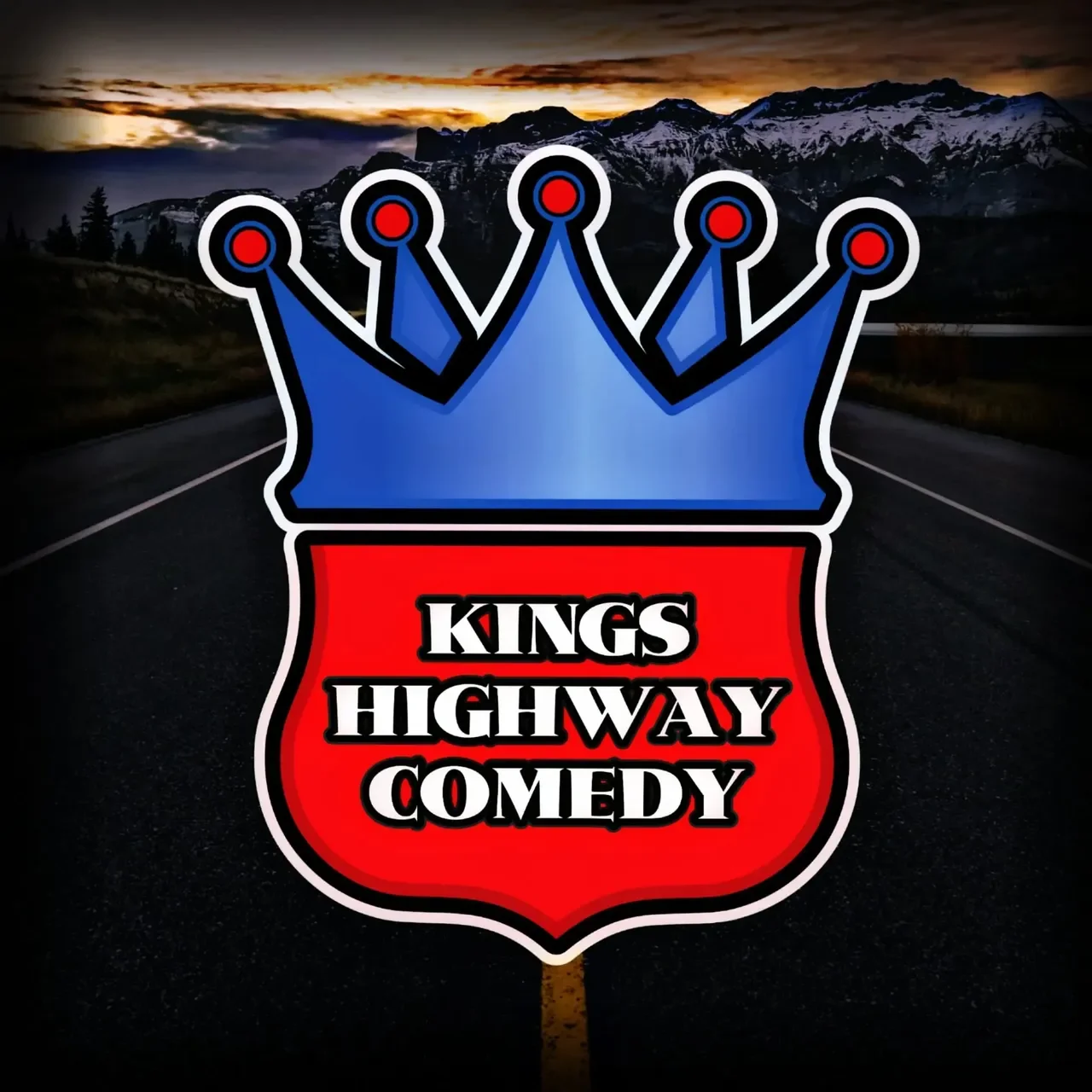 The Kings Highway Comedy logo features a blue crown over a red shield against a scenic highway and mountain backdrop.