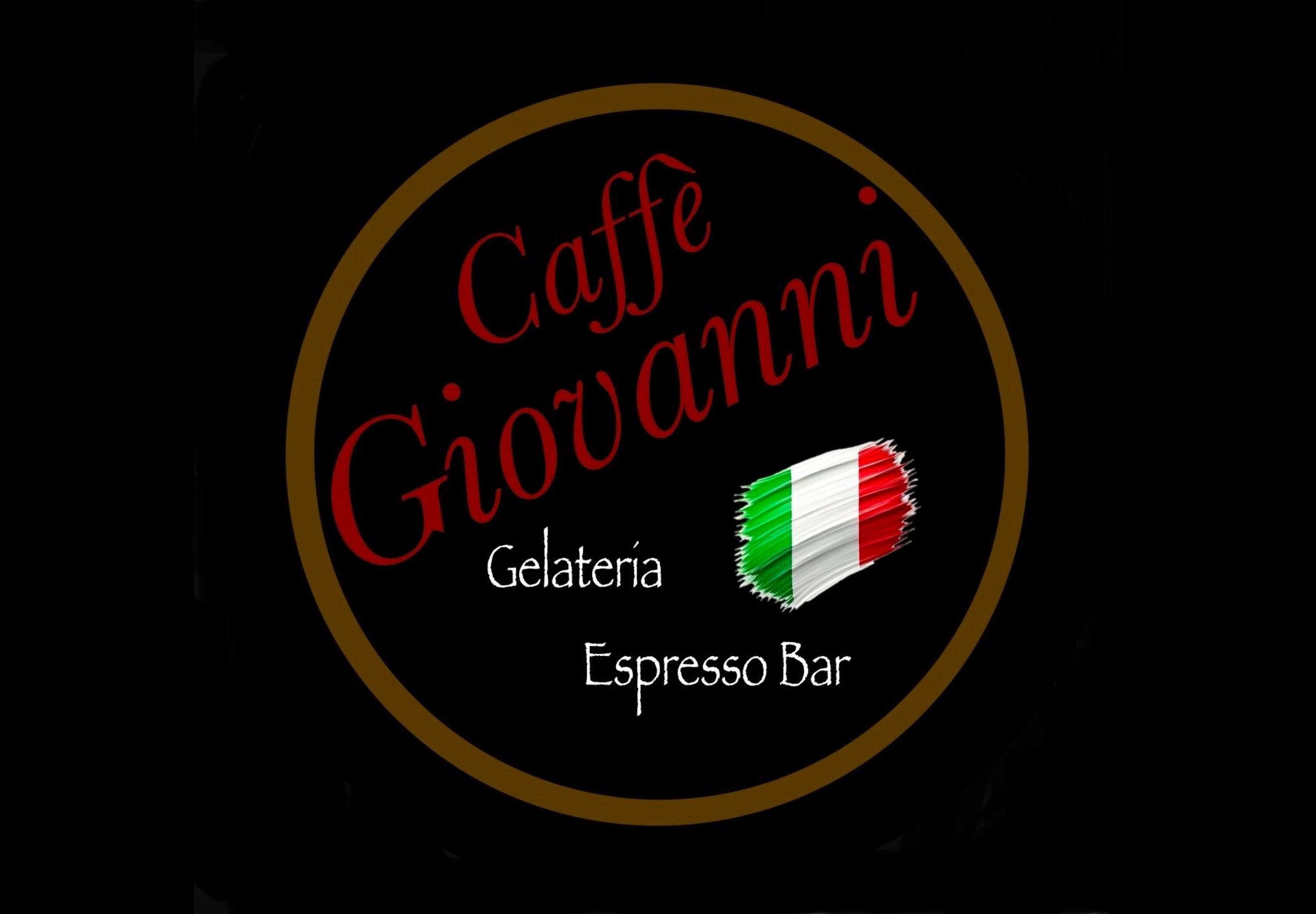 A circular logo with a black background and a gold border for Caffè Giovanazzi, featuring the name in red, a stylized Italian flag, and the words Gelateria and Espresso Bar in white.