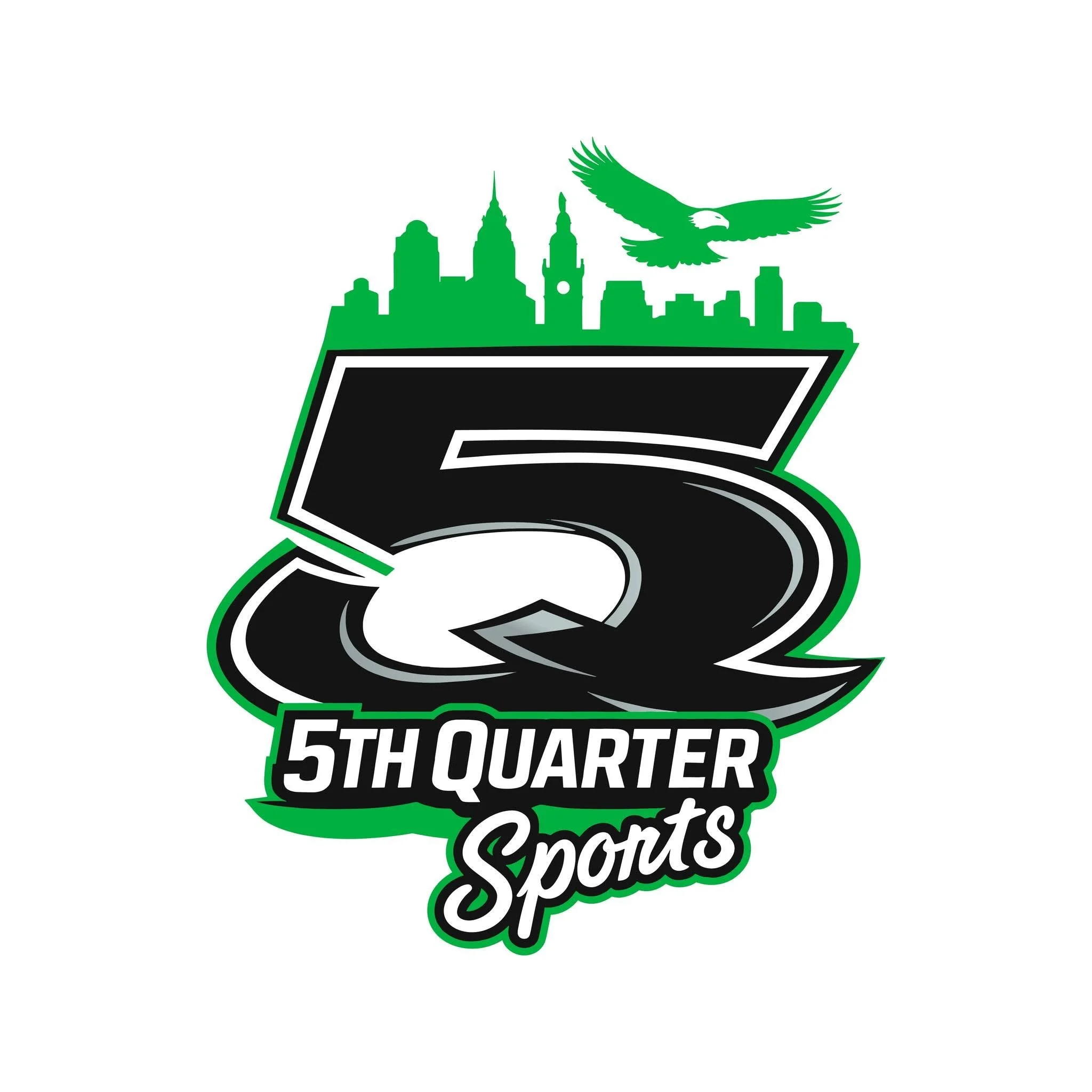 The 5th Quarter Sports logo features a bold black-and-gren-number five topped by the Philadelphia skyline and an eagle in flight.