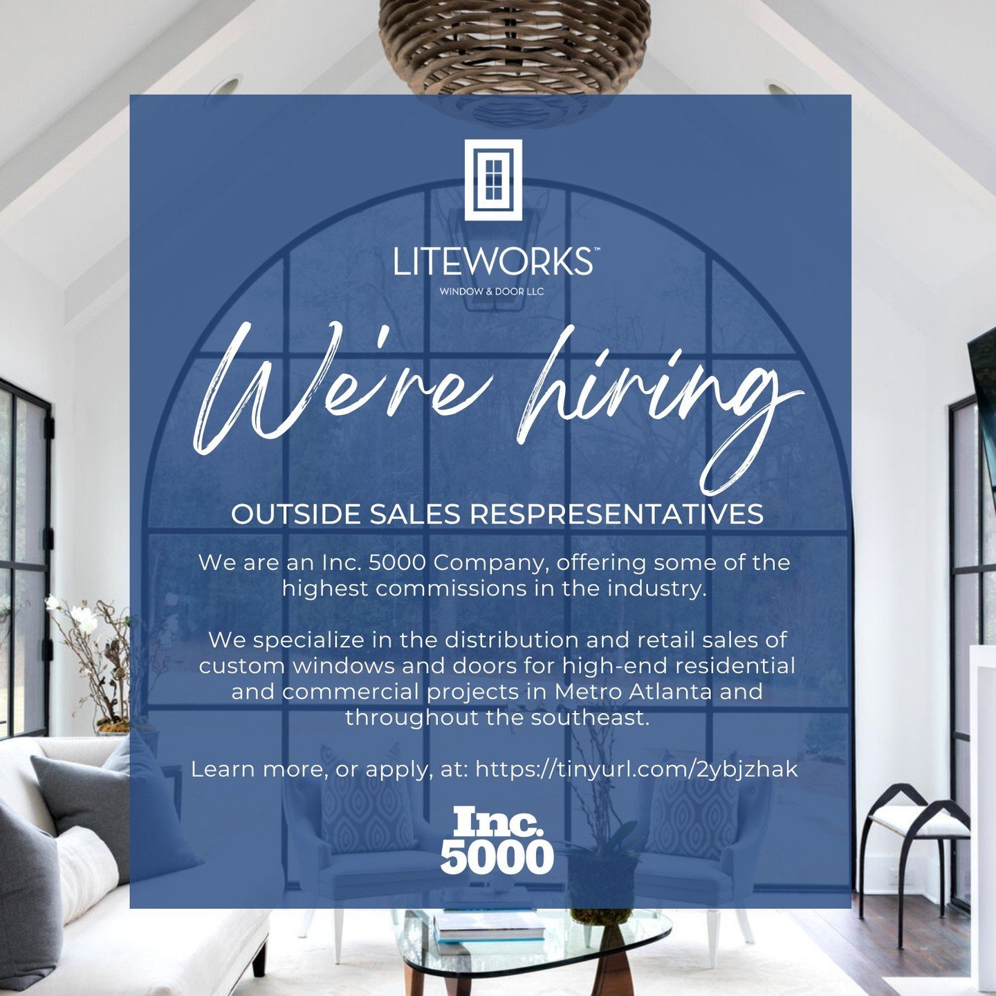Liteworks Window and Door is looking for confident and outgoing individuals to join our team as Outside Sales Representatives. Follow the link below to learn more and apply!

https://tinyurl.com/2ybjzhak

#Hiring #BestPlacesToWork #Inc5000 #Liteworks