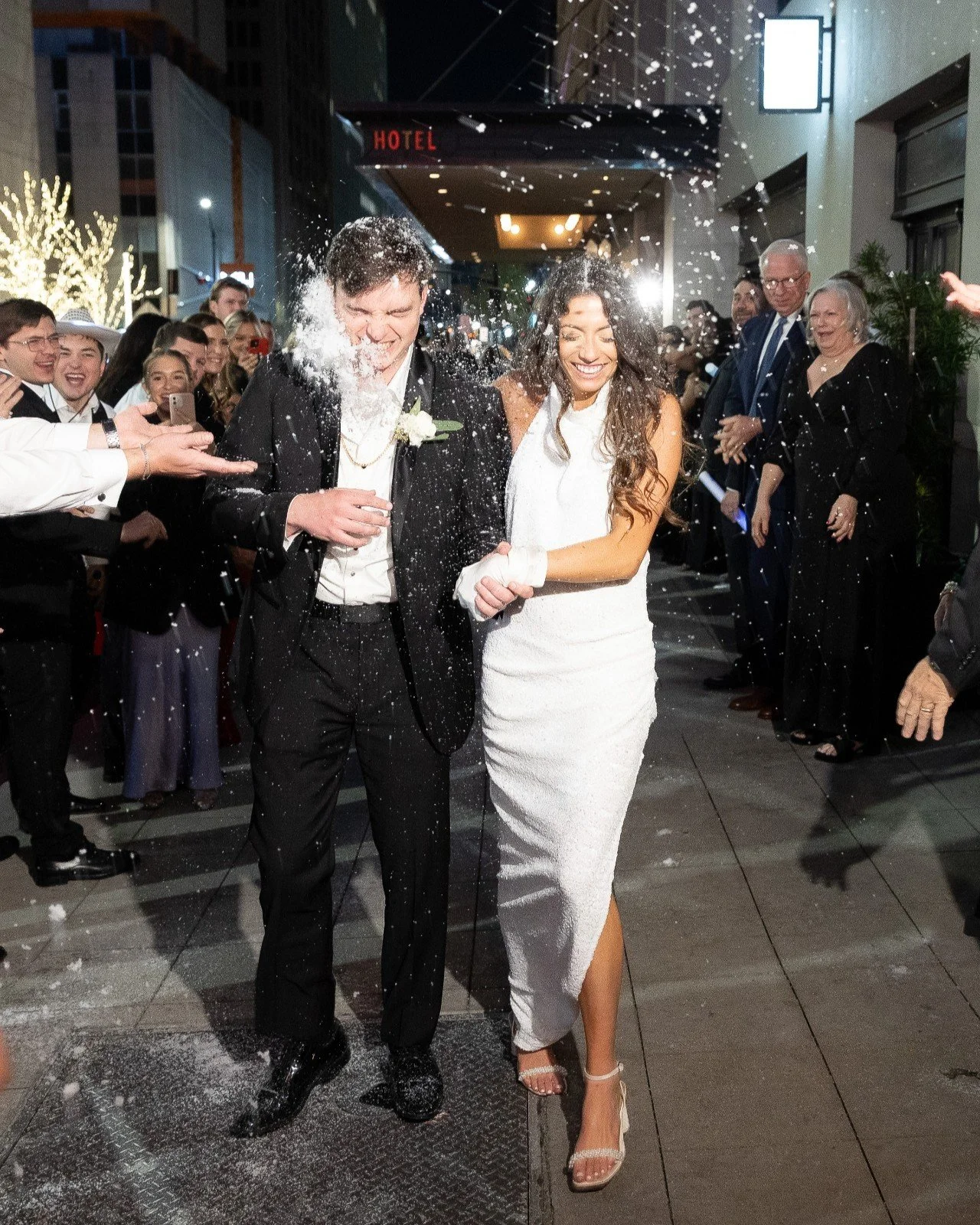 When Texas doesn&rsquo;t give you snow, you create it. This dreamy sendoff for S + J at the iconic @theadolphushotel is a forever favorite. ❆

Planning &amp; Design - @weddingsbystardust
Bakery - @fancycakesbylauren
Beauty - @brite.beauty
Florist - @