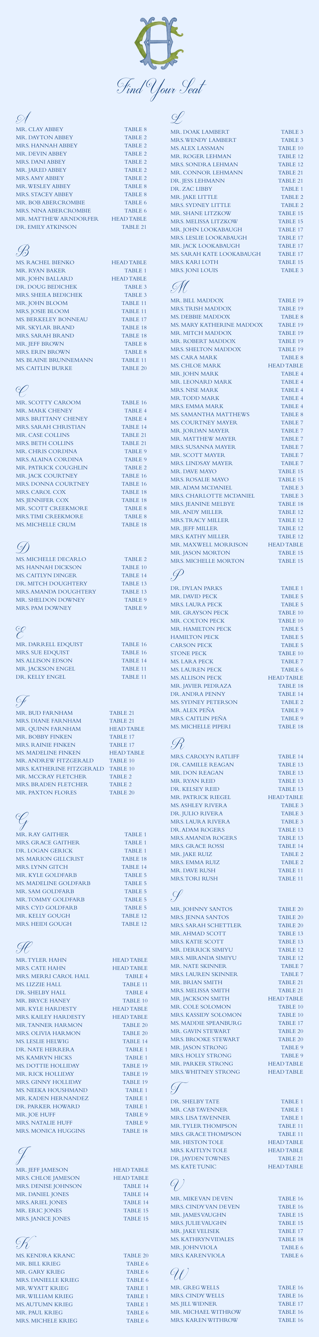 Seating chart with a blue crest at the top and list of names grouped by tables.