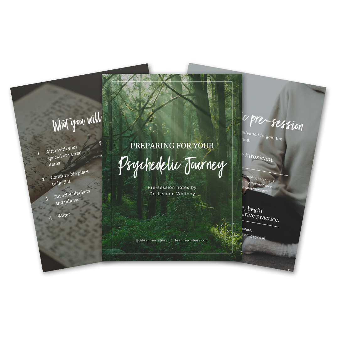 Brochure titled 'Preparing for Your Psychedelic Journey' with a forest background, written by Dr. Leanne Whitney.