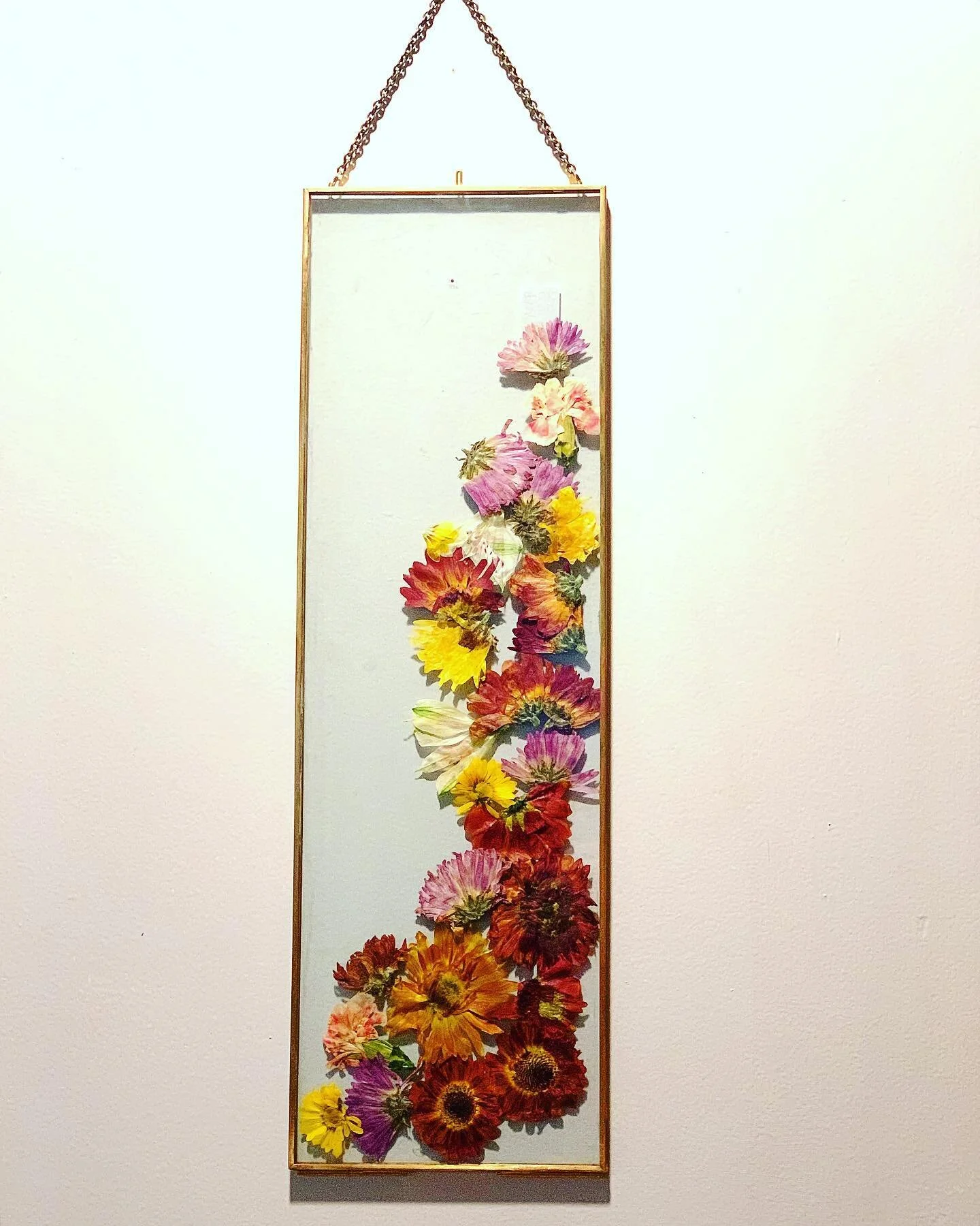 Fall decor wall art pressed in a gold herbiary frame made from flowers from a client&rsquo;s garden. Perfect gift for a gardener.