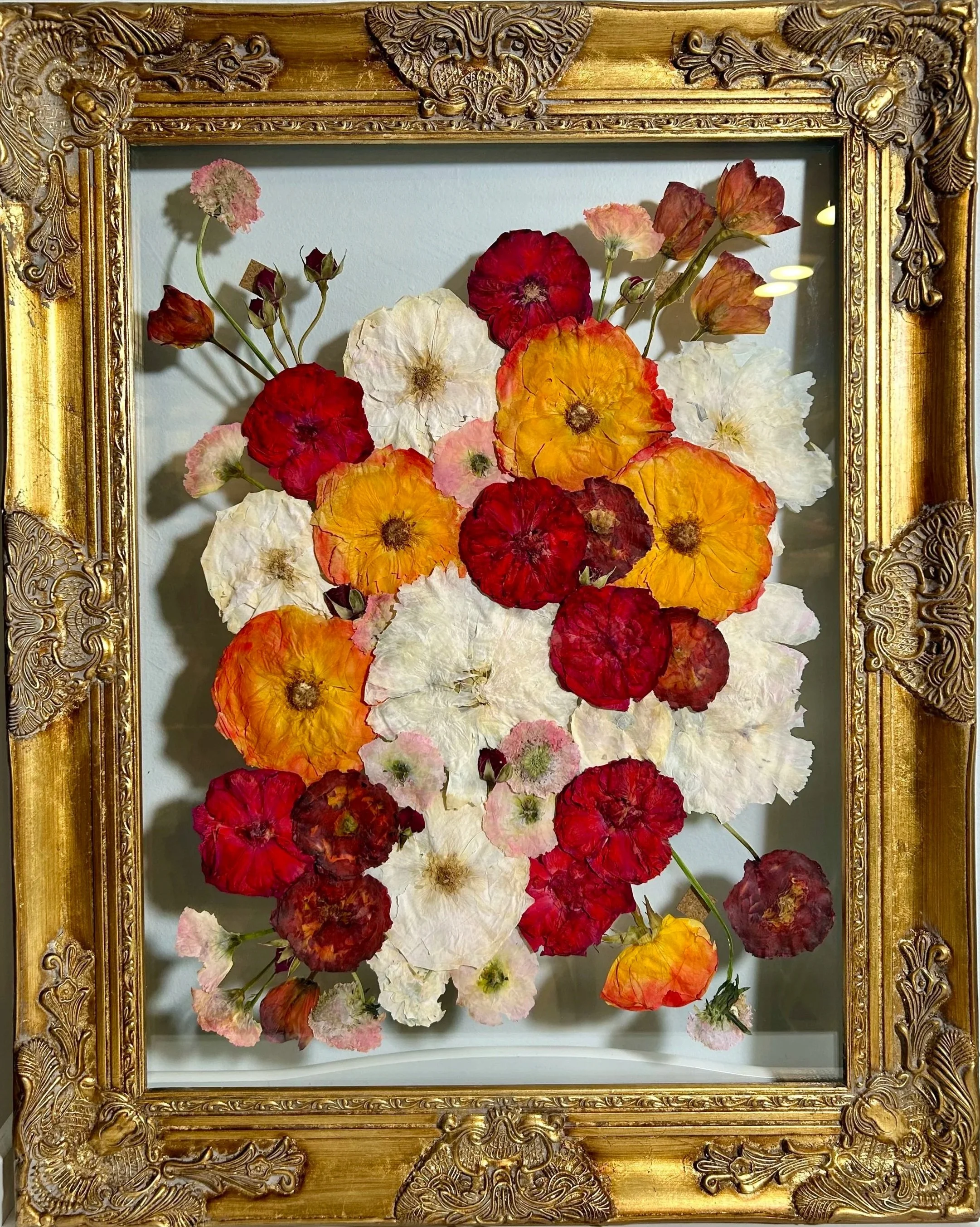 18x24 custom gold frame with color corrected florals featuring roses, ranunculus, tulips, scabiosa  (Asymmetrical stacked design) 