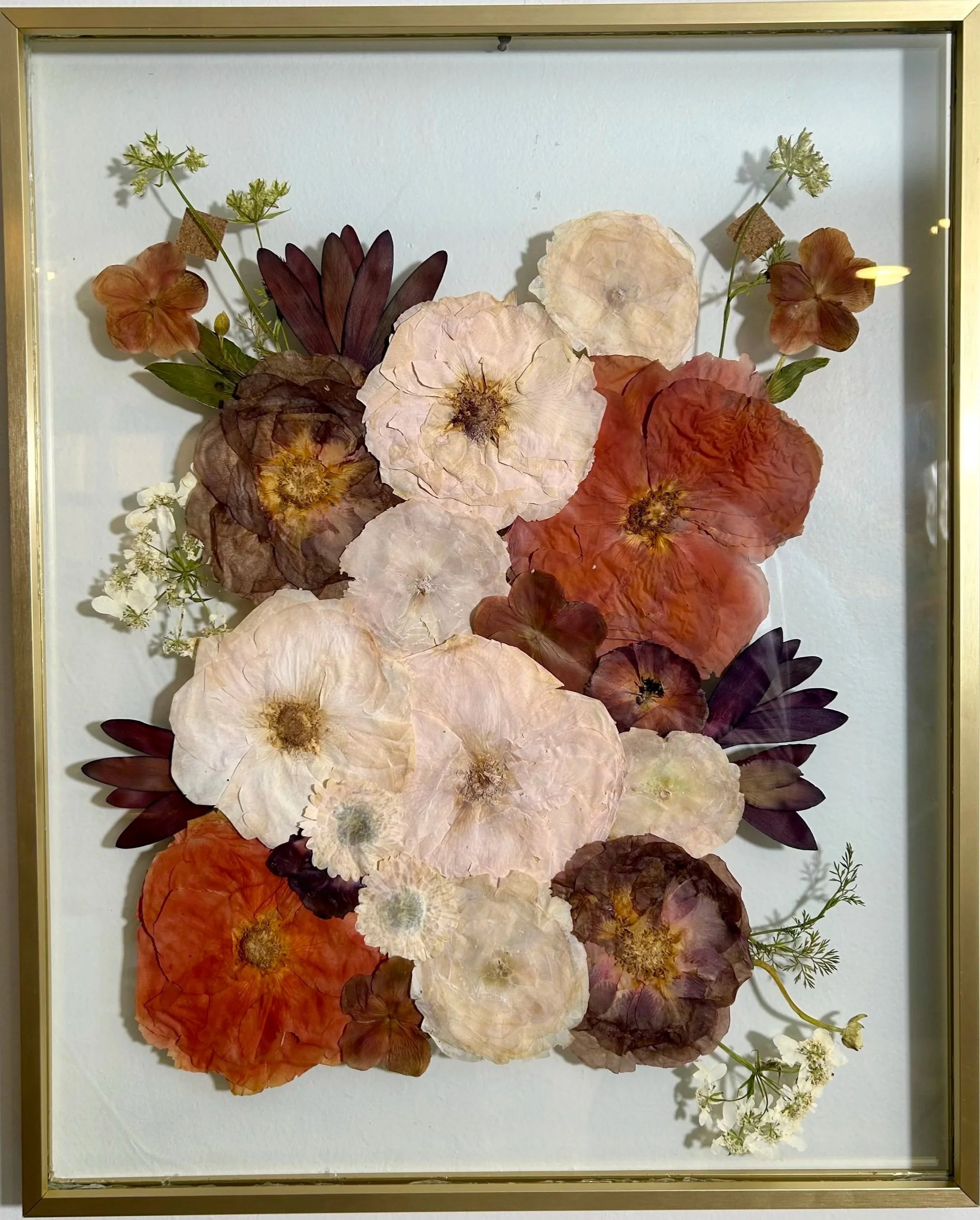 16x20 modern gold frame with color corrected roses, ranunculus, and hellebore, (Stacked design)