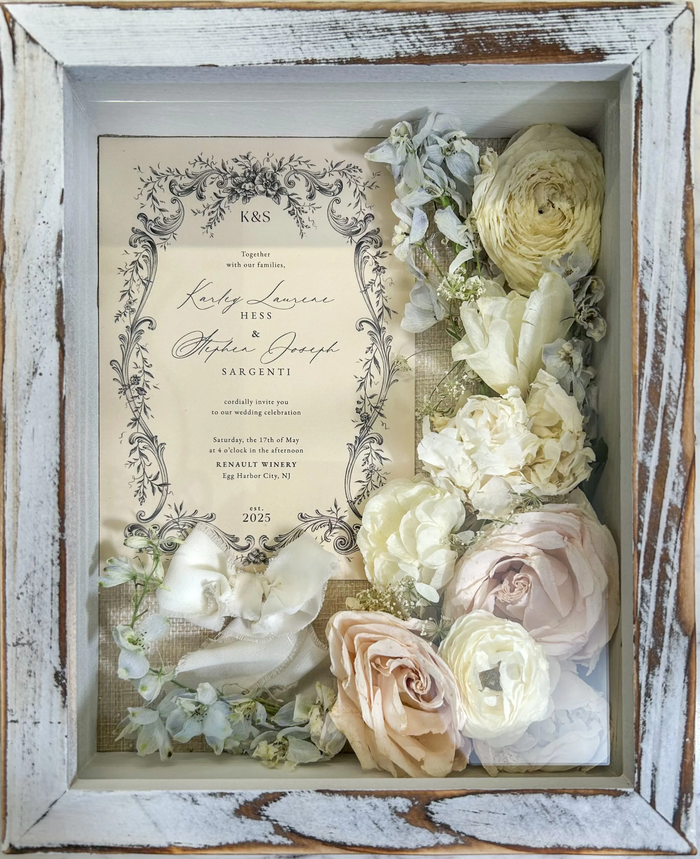 8x10 coastal wood shadowbox with 5x7 invitation, ribbon, and florals