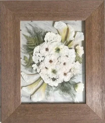 11x14 Westwood Frame with color corrected white roses, lisianthus, and lilies, stacked style