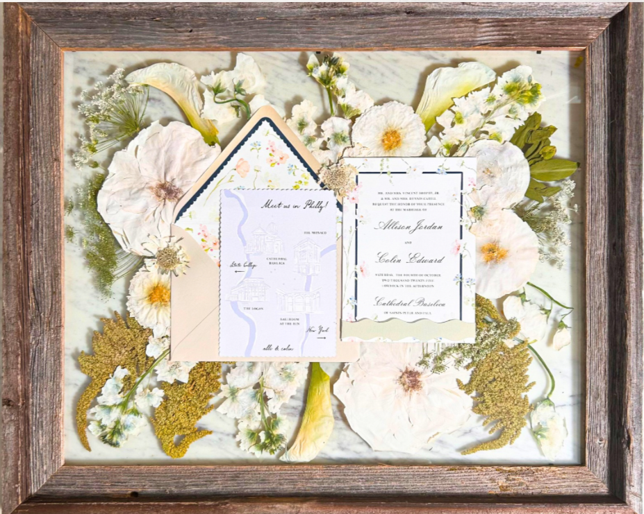16x20 barnwood with color corrected florals and wedding stationary