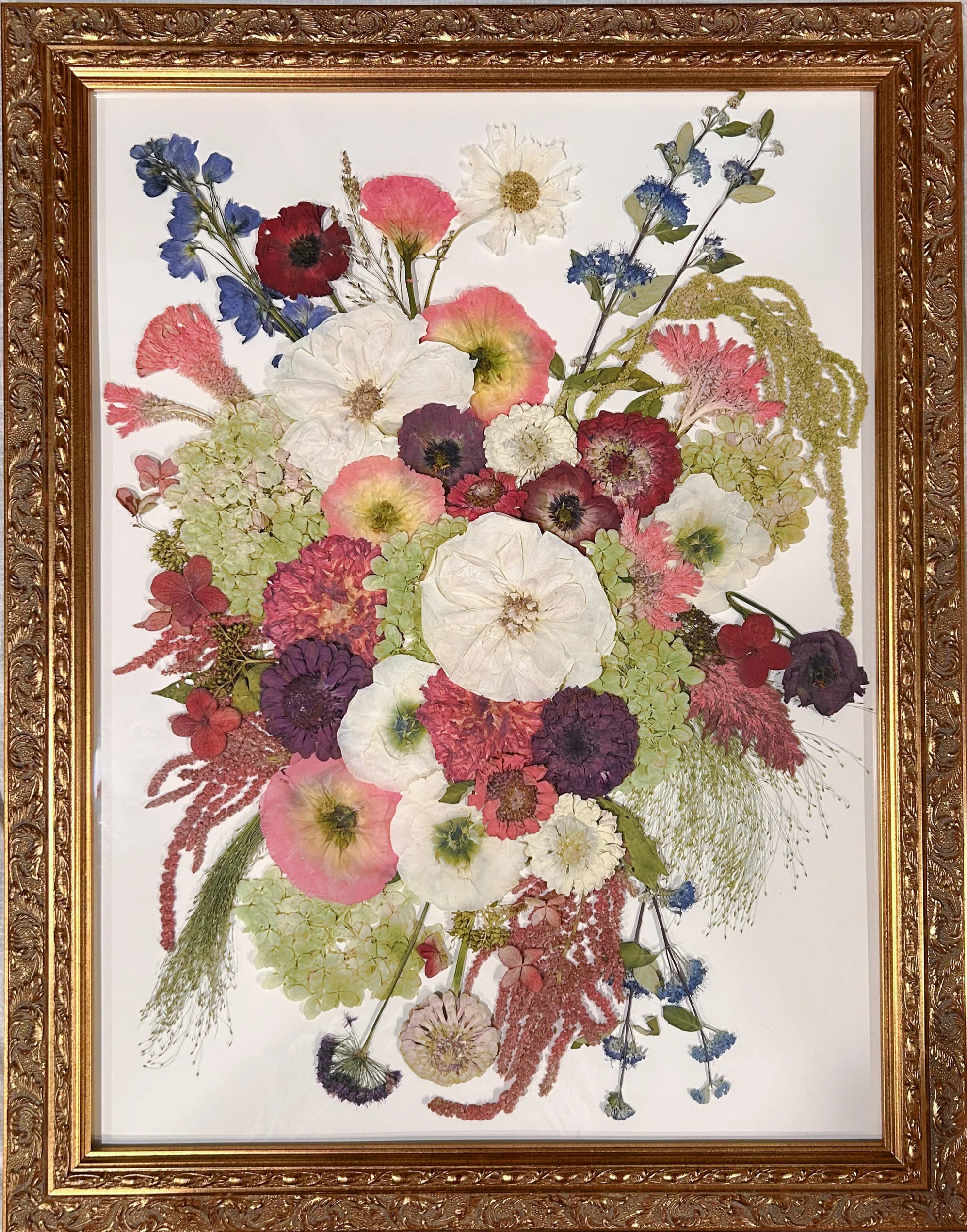 Custom 18x24 gold frame with cream background, color corrected, cottage style design