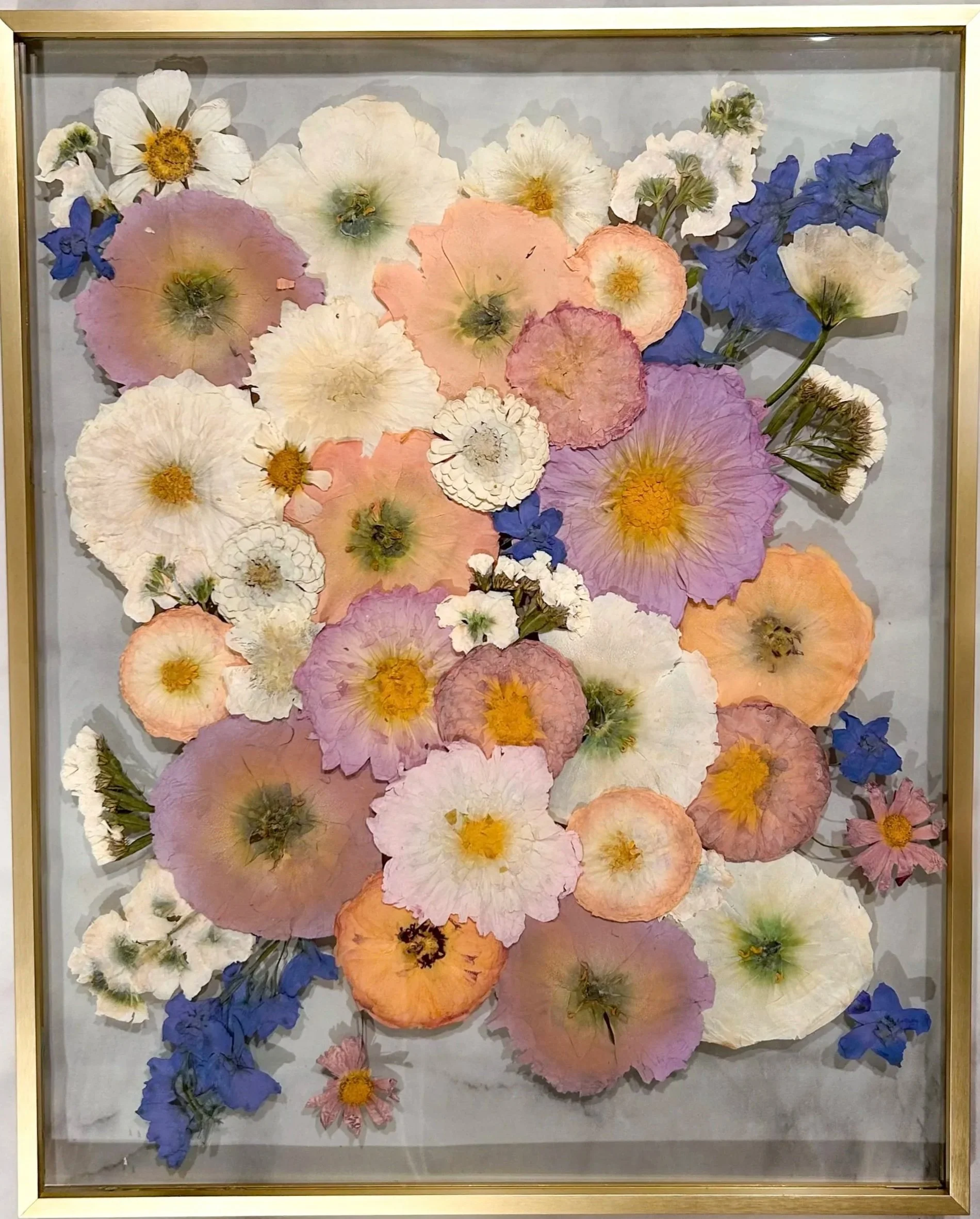 16x20 modern gold, color corrected dahlias, ranunculus, delphinium, stacked design