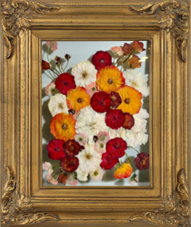 18x24 gilded fame with color corrected florals featuring roses, ranunculus, tulips, scabiosa  (Asymmetrical stacked design) 