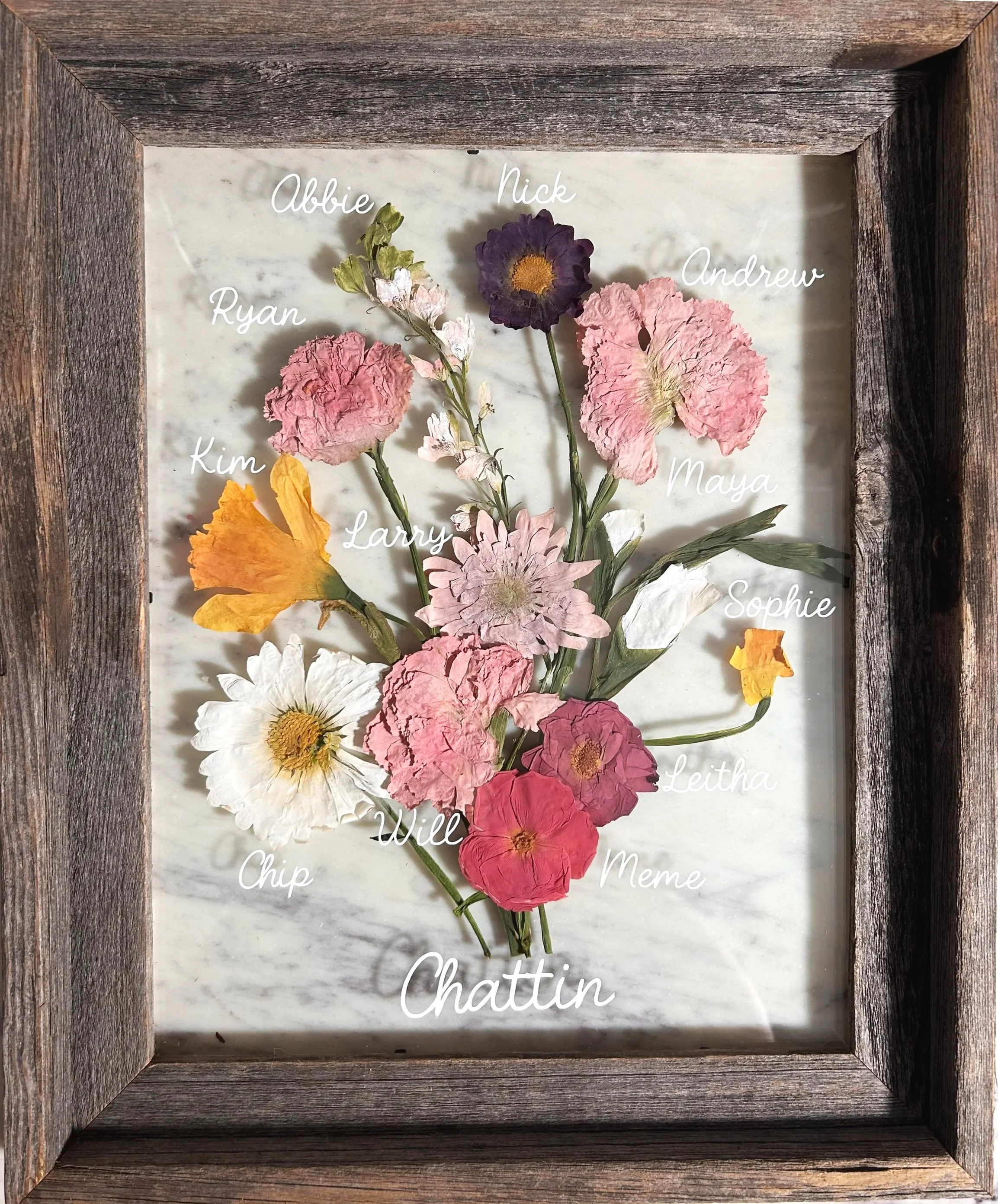 11x14 barnwood featuring birth month flowers and permanent vinyl names for a Mother's day gift for the family's grandmother.
