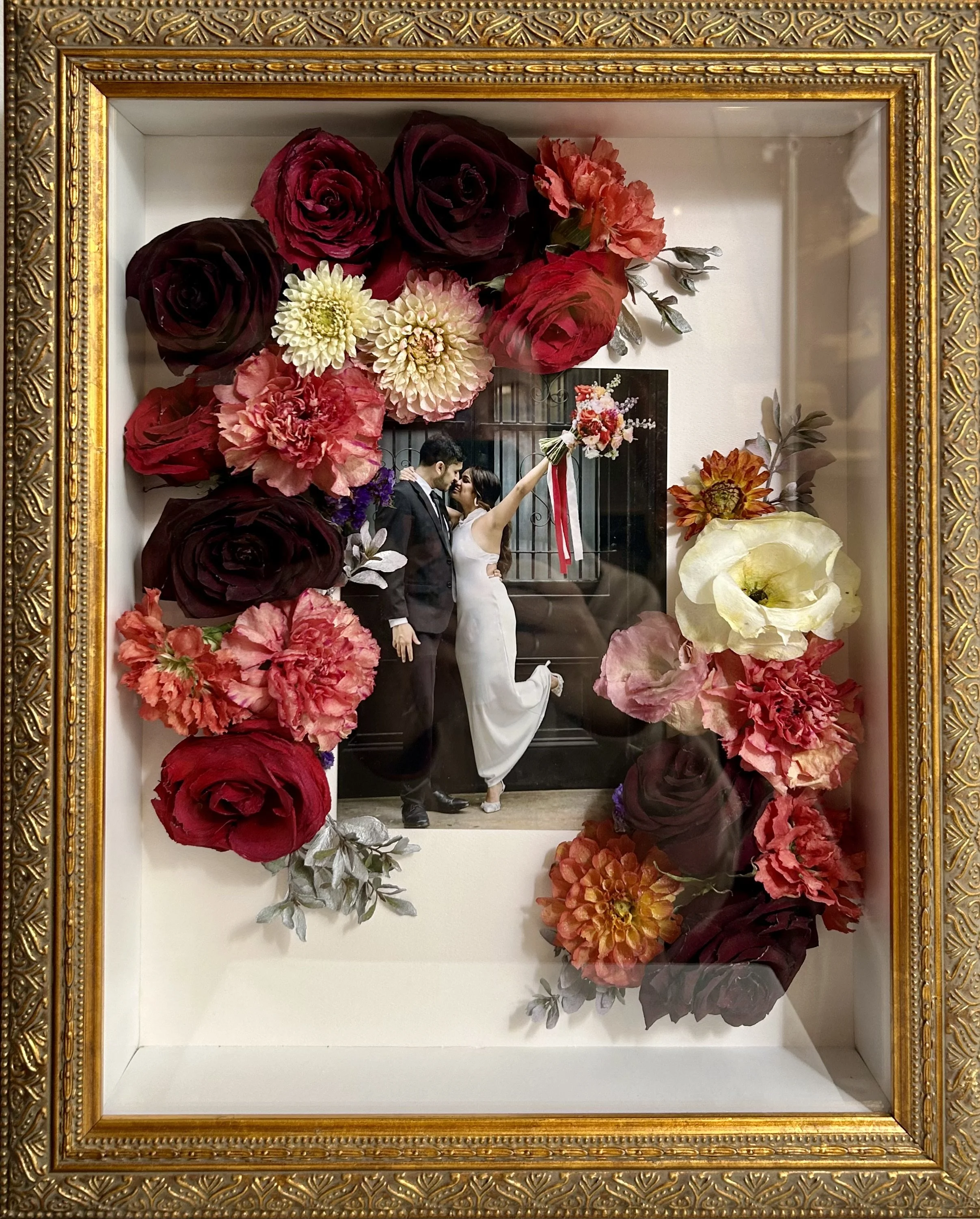 Custom 11x14 ornate gold shadowbox with cream background and 5x7 photo.