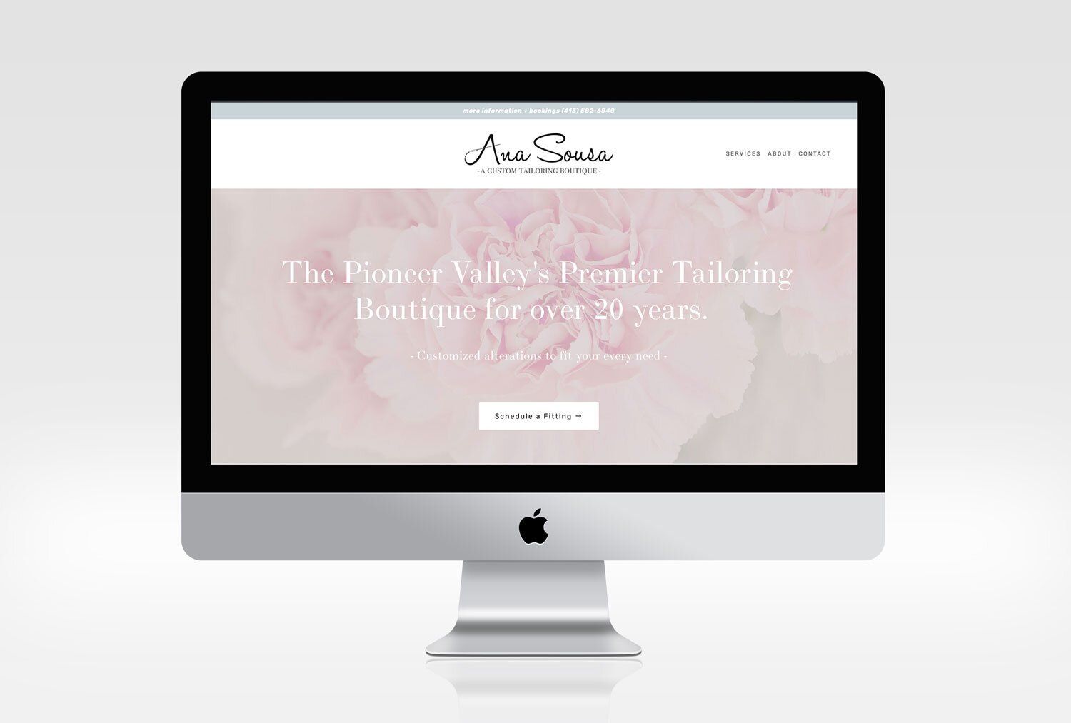  A lovely looking custom website design for a business based in Hadley, MA that serves New England. The website showcases a close up photo of pale pink peonies and a custom logo design. The website is displayed on an apple desktop. 