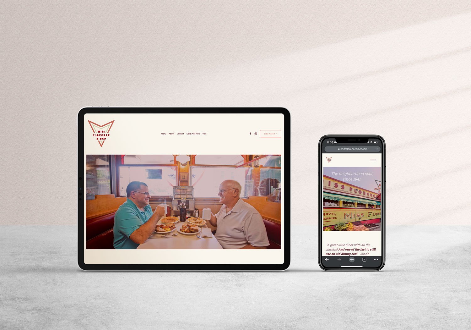  A custom mobile responsive website design for a vintage diner. The restaurant is located in Florence, MA and the website showcases a custom logo design and warm welcoming tones. There is a picture of a father and son inside the vintage diner sitting