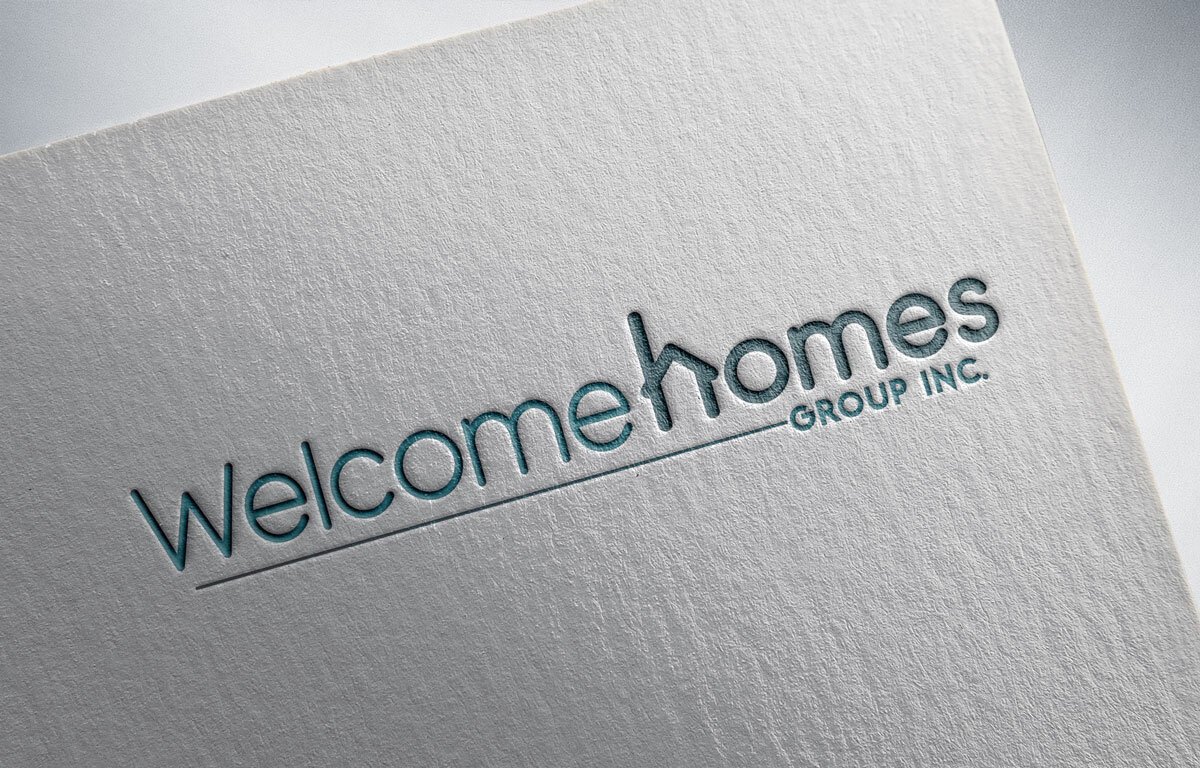  A custom modern and stylish logo design for a realty and construction company, WelcomeHomes Group  shown in turquoise and teal. The “h” of homes also resembles a house  