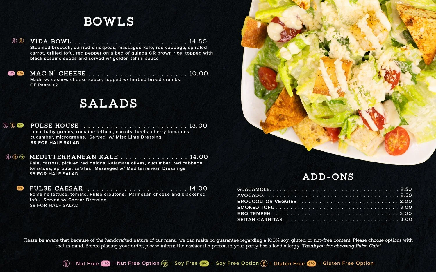 a custom designed menu for a plant based menu in Hadley MA. The design features a photo of a salad and well laid out copy agains a dark slate background.