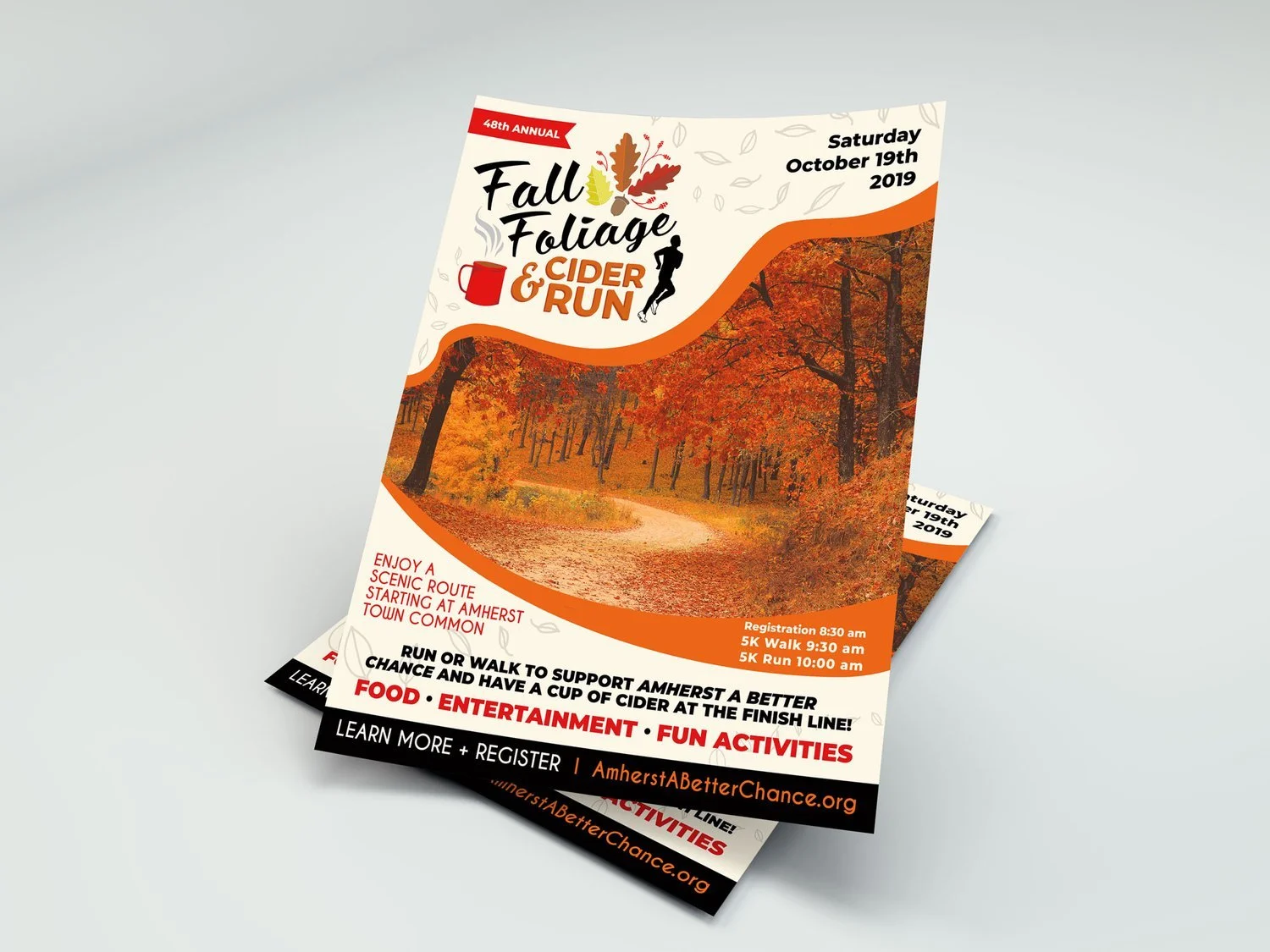 A custom designed poster and postcards for an annual marathon run, The fall foliage and Cider Run for the ABC house, Amherst a Better Chance. The design features a custom logo, fall photo and important information about the date of the event.
