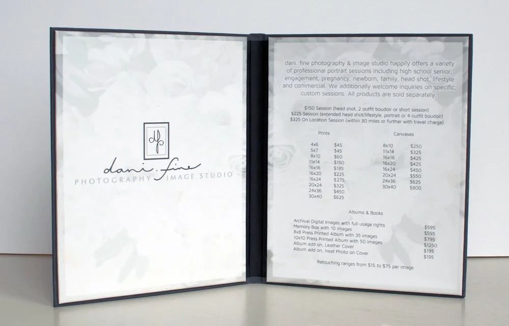 custom menu design / price list design for a service based company in Western Massachusetts. The design features a custom logo, clean layout and background images and is a hard cover sitting on a table.