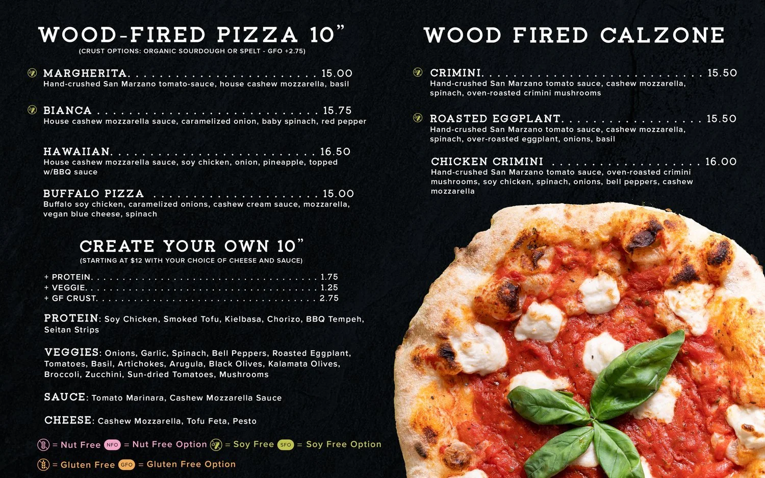 Menu design featuring a black background, white text and an appetizing photo of a personal pizza