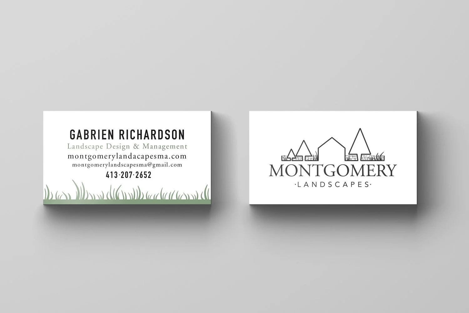 A custom business card design for Montgomery Landscaping, a business in Massachusetts. The business cards feature a custom logo and grass graphics.