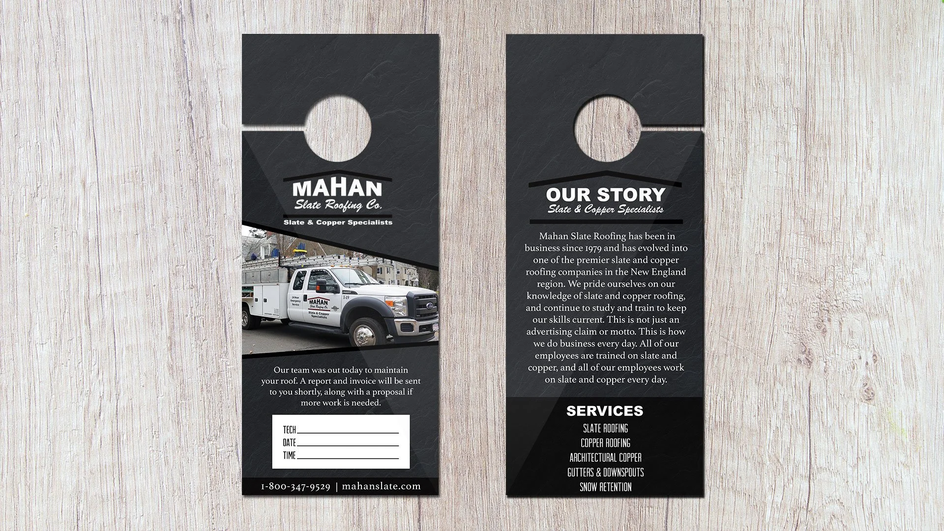 A promotional custom door hanger design for Mahan Slate Roofing, a regional roofing business based in New England.